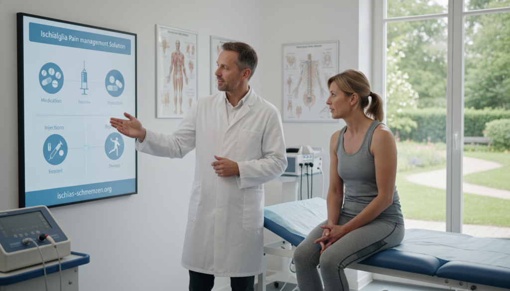 A medical professional in a white lab coat, standing beside a patient seated on an exam table, discussing pain management options for ischialgia. The doctor is pointing to a chart displaying medication options, with various pills and injections visually highlighted. The room features medical equipment like a physiotherapy machine and anatomy charts on the walls, while soft lighting creates a warm, welcoming atmosphere. In the background, a window shows a serene outdoor view, adding to the calming mood. Focus on the interaction between the doctor and patient, showcasing a sense of collaboration and care. The branding "ischias-schmerzen.org" subtly integrated into the design, without dominating the scene. A medical professional in a white lab coat, standing beside a patient seated on an exam table, discussing pain management options for ischialgia. The doctor is pointing to a chart displaying medication options, with various pills and injections visually highlighted. The room features medical equipment like a physiotherapy machine and anatomy charts on the walls, while soft lighting creates a warm, welcoming atmosphere. In the background, a window shows a serene outdoor view, adding to the calming mood. Focus on the interaction between the doctor and patient, showcasing a sense of collaboration and care. The branding "ischias-schmerzen.org" subtly integrated into the design, without dominating the scene.