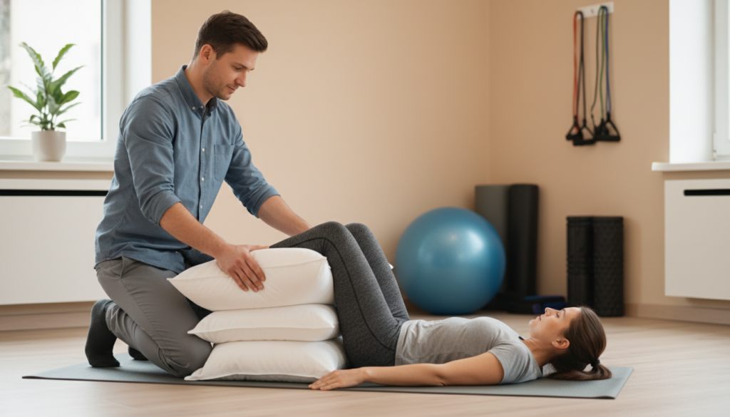 A medical scene depicting first aid measures for acute sciatic pain, featuring a professional physiotherapist demonstrating the proper positioning technique known as "Stufenlagerung." In the foreground, a focused therapist, dressed in smart casual attire, assists a patient lying on a yoga mat, their body positioned with pillows under the knees and lower back for relief. The middle ground shows a clean, well-lit therapy room with soft natural light streaming through a window, creating a calming atmosphere. Various medical aids, like exercise balls and foam rollers, are neatly arranged in the background. The mood is serene and supportive, emphasizing healing and care. This image is intended for "ischias-schmerzen.org" and avoids any text or branding overlays. A medical scene depicting first aid measures for acute sciatic pain, featuring a professional physiotherapist demonstrating the proper positioning technique known as "Stufenlagerung." In the foreground, a focused therapist, dressed in smart casual attire, assists a patient lying on a yoga mat, their body positioned with pillows under the knees and lower back for relief. The middle ground shows a clean, well-lit therapy room with soft natural light streaming through a window, creating a calming atmosphere. Various medical aids, like exercise balls and foam rollers, are neatly arranged in the background. The mood is serene and supportive, emphasizing healing and care. This image is intended for "ischias-schmerzen.org" and avoids any text or branding overlays.