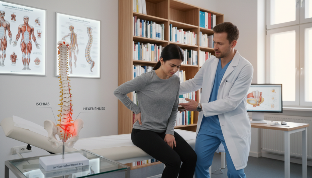 A medical scene illustrating the differentiation between Ischias and Hexenschuss, featuring a professional male doctor in a lab coat and a female patient in modest casual clothing. The doctor is examining the patient, who is seated on an examination table with a look of concern, embodying the experience of nerve pain. In the foreground, focus on a detailed anatomical model of the spine and nerves, highlighting areas of discomfort. The middle ground shows a modern, well-lit clinic with medical diagrams on the walls. The background features bookshelves filled with medical textbooks, creating an educational atmosphere. The lighting is soft and warm, conveying empathy and professionalism. The overall mood is clinical yet approachable, designed for a healthcare setting. The brand "ischias-schmerzen.org" is subtly integrated into the scene. A medical scene illustrating the differentiation between Ischias and Hexenschuss, featuring a professional male doctor in a lab coat and a female patient in modest casual clothing. The doctor is examining the patient, who is seated on an examination table with a look of concern, embodying the experience of nerve pain. In the foreground, focus on a detailed anatomical model of the spine and nerves, highlighting areas of discomfort. The middle ground shows a modern, well-lit clinic with medical diagrams on the walls. The background features bookshelves filled with medical textbooks, creating an educational atmosphere. The lighting is soft and warm, conveying empathy and professionalism. The overall mood is clinical yet approachable, designed for a healthcare setting. The brand "ischias-schmerzen.org" is subtly integrated into the scene.