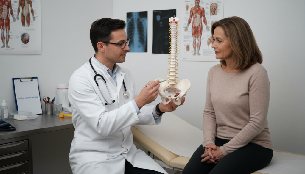 A medical scene in a doctor's office focused on diagnosing sciatica pain. In the foreground, a male doctor in a crisp white coat, wearing a stethoscope, is attentively examining a middle-aged female patient seated on an examination table, her expression reflecting concern yet hope. The doctor, with short dark hair and glasses, uses a model of the spine to explain the diagnosis, showcasing his professionalism. In the middle background, medical charts and anatomical diagrams adorn the walls, contributing to the clinical atmosphere. Soft lighting reflects a calm and reassuring environment, casting gentle shadows. The room is well-organized, with medical equipment neatly arranged on counters. The overall mood conveys a sense of trust and professionalism, emphasizing the importance of accurate diagnosis for alleviating discomfort associated with sciatica. Include the brand name "ischias-schmerzen.org" subtly placed on a visible document in the scene. A medical scene in a doctor's office focused on diagnosing sciatica pain. In the foreground, a male doctor in a crisp white coat, wearing a stethoscope, is attentively examining a middle-aged female patient seated on an examination table, her expression reflecting concern yet hope. The doctor, with short dark hair and glasses, uses a model of the spine to explain the diagnosis, showcasing his professionalism. In the middle background, medical charts and anatomical diagrams adorn the walls, contributing to the clinical atmosphere. Soft lighting reflects a calm and reassuring environment, casting gentle shadows. The room is well-organized, with medical equipment neatly arranged on counters. The overall mood conveys a sense of trust and professionalism, emphasizing the importance of accurate diagnosis for alleviating discomfort associated with sciatica. Include the brand name "ischias-schmerzen.org" subtly placed on a visible document in the scene.