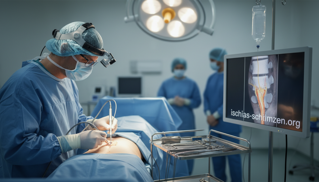 A minimal-invasive surgical procedure illustration for treating sciatica pain, featuring a calm, sterile operating room setting. In the foreground, a skilled surgeon, dressed in professional scrubs and a surgical mask, is carefully operating on a patient’s lower back using advanced instruments. The middle ground displays essential surgical tools and a monitor displaying real-time images of the spine. The background captures the soft, diffused lighting typical of an operating room, with a focus on cleanliness and precision. The mood is clinical yet hopeful, representing a last resort for alleviating sciatic nerve pain. Emphasize elements such as surgical sterility and innovation in pain relief, with a subtle branding hint of "ischias-schmerzen.org" integrated into the environment. A minimal-invasive surgical procedure illustration for treating sciatica pain, featuring a calm, sterile operating room setting. In the foreground, a skilled surgeon, dressed in professional scrubs and a surgical mask, is carefully operating on a patient’s lower back using advanced instruments. The middle ground displays essential surgical tools and a monitor displaying real-time images of the spine. The background captures the soft, diffused lighting typical of an operating room, with a focus on cleanliness and precision. The mood is clinical yet hopeful, representing a last resort for alleviating sciatic nerve pain. Emphasize elements such as surgical sterility and innovation in pain relief, with a subtle branding hint of "ischias-schmerzen.org" integrated into the environment.