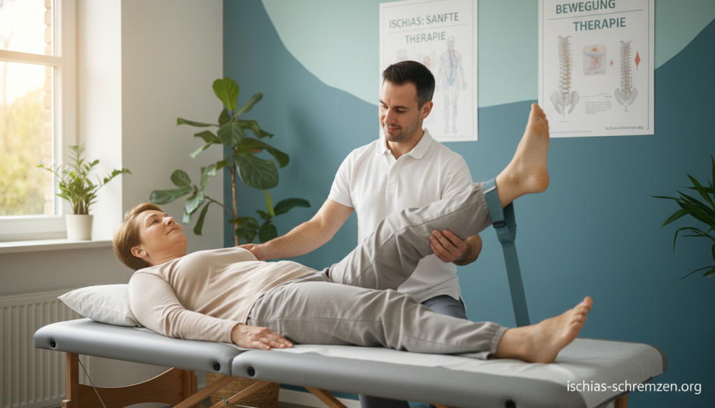 A patient in a modern therapy room, receiving conservative treatment for sciatica pain, depicted in a relaxed and hopeful mood. In the foreground, a middle-aged person in modest casual clothing sits comfortably on a therapy table, with a focus on their relaxed posture. In the middle, a physical therapist, dressed in professional attire, gently guides the patient through a stretching exercise, demonstrating compassion and care. The background features calming colors, with soft lighting that creates a warm atmosphere, plants, and health posters about sciatica treatment on the wall. The scene emphasizes the supportive and non-invasive nature of sciatica therapy, promoting wellness. The image should include the brand name "ischias-schmerzen.org" discretely integrated into the design. A patient in a modern therapy room, receiving conservative treatment for sciatica pain, depicted in a relaxed and hopeful mood. In the foreground, a middle-aged person in modest casual clothing sits comfortably on a therapy table, with a focus on their relaxed posture. In the middle, a physical therapist, dressed in professional attire, gently guides the patient through a stretching exercise, demonstrating compassion and care. The background features calming colors, with soft lighting that creates a warm atmosphere, plants, and health posters about sciatica treatment on the wall. The scene emphasizes the supportive and non-invasive nature of sciatica therapy, promoting wellness. The image should include the brand name "ischias-schmerzen.org" discretely integrated into the design.