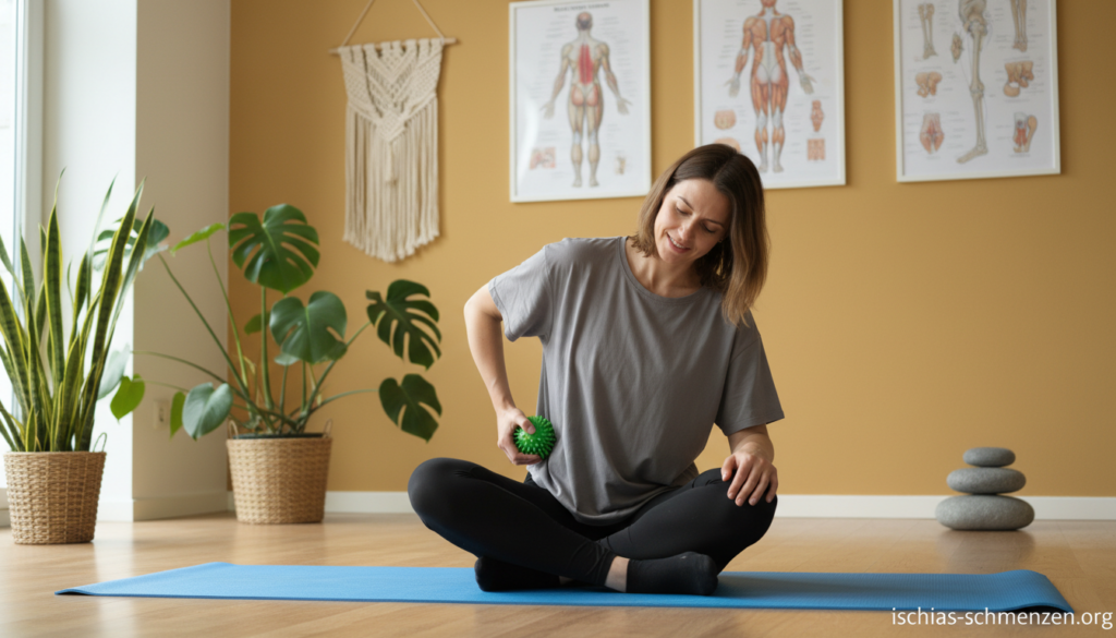 A peaceful, professional home health setting featuring a person demonstrating trigger point release techniques for sciatic pain relief. In the foreground, a person in modest, casual clothing sits on a yoga mat, gently applying pressure to their lower back with a therapeutic massage ball. The person’s focus conveys determination and relief. In the middle ground, a serene indoor environment with soft natural light filtering through a window, highlighting plants and calming decor. In the background, a warm-colored wall adorned with anatomy posters related to the sciatic nerve, adding educational depth. The atmosphere is tranquil, encouraging a sense of healing and self-care. The brand name “ischias-schmerzen.org” subtly incorporated into the image's corner without text overlays or distractions. A peaceful, professional home health setting featuring a person demonstrating trigger point release techniques for sciatic pain relief. In the foreground, a person in modest, casual clothing sits on a yoga mat, gently applying pressure to their lower back with a therapeutic massage ball. The person’s focus conveys determination and relief. In the middle ground, a serene indoor environment with soft natural light filtering through a window, highlighting plants and calming decor. In the background, a warm-colored wall adorned with anatomy posters related to the sciatic nerve, adding educational depth. The atmosphere is tranquil, encouraging a sense of healing and self-care. The brand name “ischias-schmerzen.org” subtly incorporated into the image's corner without text overlays or distractions.