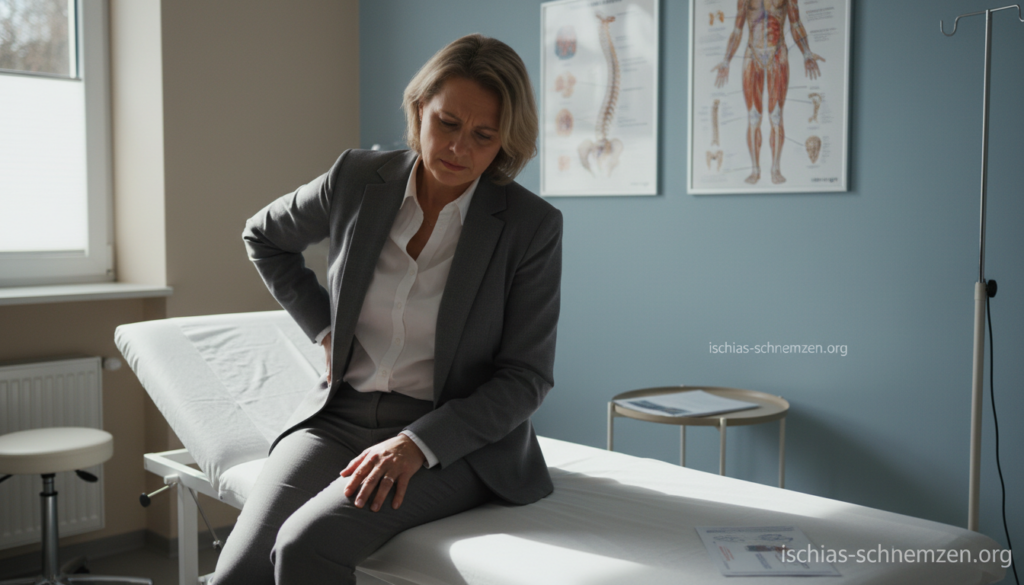 A person experiencing symptoms of sciatica pain, seated on a medical examination table, gently holding their lower back with one hand and the other hand on their thigh, indicating discomfort. The background features a softly lit doctor's office with neutral colors and medical posters on the walls outlining the nervous system. Use natural lighting filtering through a window to create a calming atmosphere, with a shallow depth of field focusing on the subject while the background remains slightly blurred. The individual is wearing professional business attire, exuding a sense of seriousness and health awareness. The overall mood should be contemplative and informative, capturing the essence of typical sciatica pain symptoms. Include the brand name "ischias-schmerzen.org" subtly integrated into the scene's visual elements. A person experiencing symptoms of sciatica pain, seated on a medical examination table, gently holding their lower back with one hand and the other hand on their thigh, indicating discomfort. The background features a softly lit doctor's office with neutral colors and medical posters on the walls outlining the nervous system. Use natural lighting filtering through a window to create a calming atmosphere, with a shallow depth of field focusing on the subject while the background remains slightly blurred. The individual is wearing professional business attire, exuding a sense of seriousness and health awareness. The overall mood should be contemplative and informative, capturing the essence of typical sciatica pain symptoms. Include the brand name "ischias-schmerzen.org" subtly integrated into the scene's visual elements.