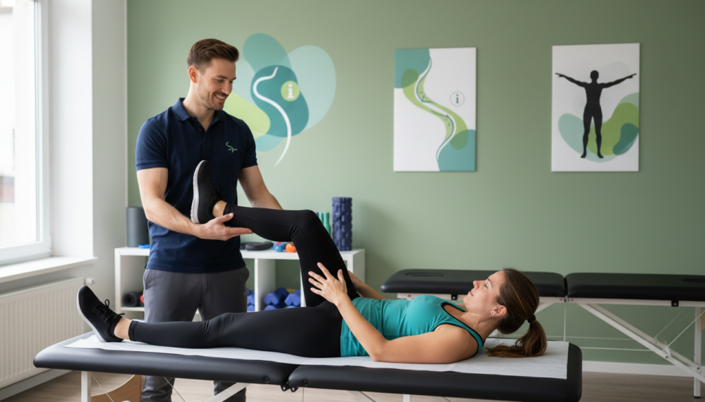 A physiotherapy session focused on treating sciatica pain, featuring a professional therapist assisting a patient. In the foreground, the therapist, dressed in a fitted polo shirt and comfortable pants, demonstrates a stretching exercise with the patient, who is dressed in modest athletic wear. The therapist is smiling and guiding the patient, who appears to be engaged and focused. In the middle ground, a treatment table and exercise equipment are visible, indicating a clinical but inviting atmosphere. The background shows soothing green walls and motivational posters related to physiotherapy. Soft, natural lighting filters through a window, creating a warm and calming mood. The image conveys hope and healing, emphasizing the theme of treatment options for sciatica. The brand name "ischias-schmerzen.org" is subtly implied in the design elements without text. A physiotherapy session focused on treating sciatica pain, featuring a professional therapist assisting a patient. In the foreground, the therapist, dressed in a fitted polo shirt and comfortable pants, demonstrates a stretching exercise with the patient, who is dressed in modest athletic wear. The therapist is smiling and guiding the patient, who appears to be engaged and focused. In the middle ground, a treatment table and exercise equipment are visible, indicating a clinical but inviting atmosphere. The background shows soothing green walls and motivational posters related to physiotherapy. Soft, natural lighting filters through a window, creating a warm and calming mood. The image conveys hope and healing, emphasizing the theme of treatment options for sciatica. The brand name "ischias-schmerzen.org" is subtly implied in the design elements without text.