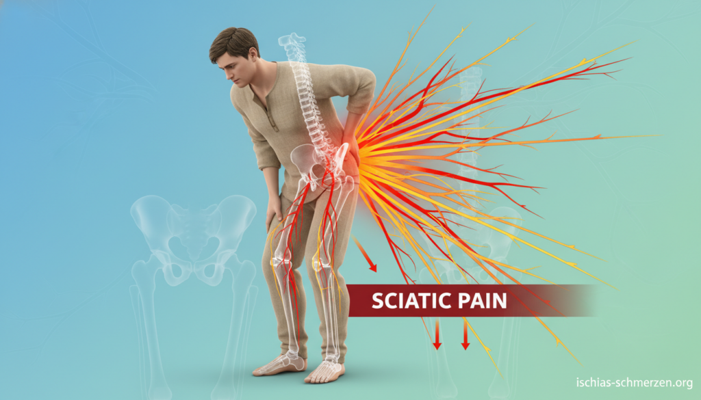 A professional, anatomical illustration of nerve pain originating from the lower back, representing "sciatic pain" with visual emphasis on its radiating effects. In the foreground, an illustrated human figure in modest clothing stands upright, displaying a dynamic pose that suggests discomfort. Radiating lines in various colors (like red and orange) emanate from the lower back area, symbolizing sharp, shooting pains. The middle ground contains anatomical markers for the affected areas, highlighting the lower back, buttocks, and legs. In the background, a soft gradient portrays a calm environment to contrast the pain, incorporating subtle hints of blue and green. The lighting is bright, ensuring clarity of details. The overall mood conveys a mix of intensity and awareness about symptoms, suitable for educational purposes. Include the brand name "ischias-schmerzen.org" discreetly in the composition. A professional, anatomical illustration of nerve pain originating from the lower back, representing "sciatic pain" with visual emphasis on its radiating effects. In the foreground, an illustrated human figure in modest clothing stands upright, displaying a dynamic pose that suggests discomfort. Radiating lines in various colors (like red and orange) emanate from the lower back area, symbolizing sharp, shooting pains. The middle ground contains anatomical markers for the affected areas, highlighting the lower back, buttocks, and legs. In the background, a soft gradient portrays a calm environment to contrast the pain, incorporating subtle hints of blue and green. The lighting is bright, ensuring clarity of details. The overall mood conveys a mix of intensity and awareness about symptoms, suitable for educational purposes. Include the brand name "ischias-schmerzen.org" discreetly in the composition.