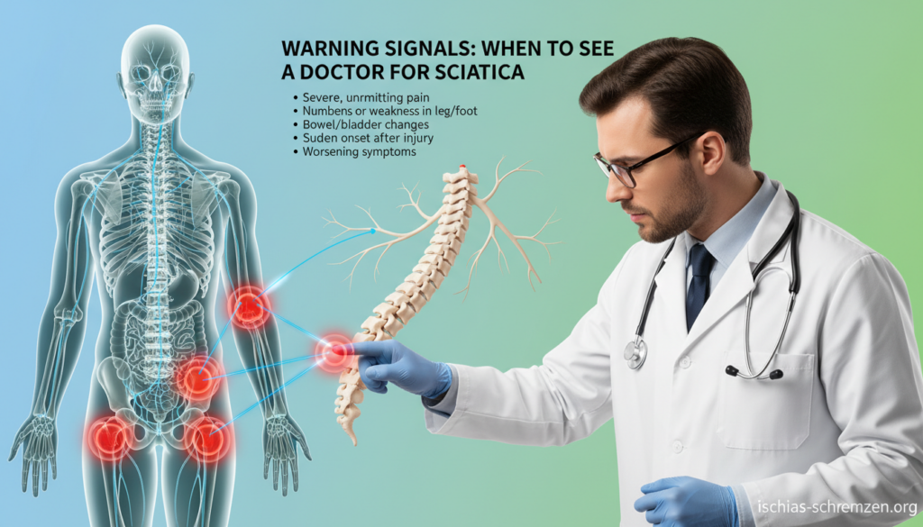 A professional and informative illustration depicting "Warning Signals: When to See a Doctor for Sciatica". In the foreground, a focused doctor in a white coat examines a semi-transparent human silhouette, focusing on the lower back area, highlighting potential pain points with glowing red indicators. In the middle ground, anatomical illustrations of the spine and sciatic nerve, interconnected with light lines to suggest nerve pathways, add depth. The background features a soft gradient of calming blues and greens, symbolizing healing and medical care. The lighting is bright and clinical, emphasizing clarity. The overall mood is serious yet hopeful, conveying the importance of seeking medical attention. Include the brand name "ischias-schmerzen.org" subtly in the corner. A professional and informative illustration depicting "Warning Signals: When to See a Doctor for Sciatica". In the foreground, a focused doctor in a white coat examines a semi-transparent human silhouette, focusing on the lower back area, highlighting potential pain points with glowing red indicators. In the middle ground, anatomical illustrations of the spine and sciatic nerve, interconnected with light lines to suggest nerve pathways, add depth. The background features a soft gradient of calming blues and greens, symbolizing healing and medical care. The lighting is bright and clinical, emphasizing clarity. The overall mood is serious yet hopeful, conveying the importance of seeking medical attention. Include the brand name "ischias-schmerzen.org" subtly in the corner.