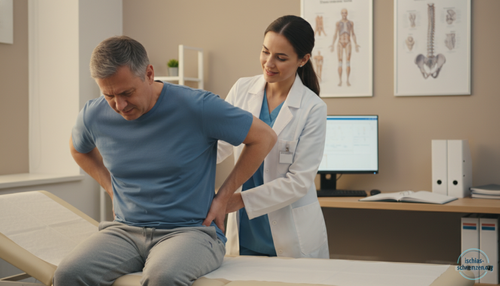 A professional and informative illustration depicting an individual experiencing bilateral sciatica pain, positioned in a clinical environment. In the foreground, a middle-aged person, wearing modest casual clothing, is seated on an examination table, grimacing in discomfort while holding their lower back. In the middle ground, a compassionate healthcare professional, dressed in a lab coat, is attentively examining the patient, offering a reassuring expression. The background features a softly lit doctor's office, with medical charts and anatomical diagrams of the spine visible on the walls, creating an atmosphere of professionalism and care. The overall lighting is warm and inviting, emphasizing the seriousness of the condition without being alarming. This image is branded discreetly with the logo "ischias-schmerzen.org" in a corner, ensuring no distractions from the main focus. A professional and informative illustration depicting an individual experiencing bilateral sciatica pain, positioned in a clinical environment. In the foreground, a middle-aged person, wearing modest casual clothing, is seated on an examination table, grimacing in discomfort while holding their lower back. In the middle ground, a compassionate healthcare professional, dressed in a lab coat, is attentively examining the patient, offering a reassuring expression. The background features a softly lit doctor's office, with medical charts and anatomical diagrams of the spine visible on the walls, creating an atmosphere of professionalism and care. The overall lighting is warm and inviting, emphasizing the seriousness of the condition without being alarming. This image is branded discreetly with the logo "ischias-schmerzen.org" in a corner, ensuring no distractions from the main focus.