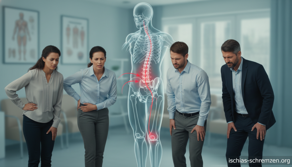 A professional and informative illustration depicting the symptoms of Ischialgia. In the foreground, a diverse group of individuals in modest, professional attire, showing various expressions of discomfort while holding their knees, symbolizing the connection between Ischias and knee pain. The middle ground features an anatomical diagram of the human spine and lower back, highlighting the sciatic nerve, accompanied by arrows pointing to the knee, illustrating the potential path of pain. The background includes a soft-focus medical office environment with neutral lighting to evoke a calm atmosphere. The overall mood should be educational and reassuring. The branded text "ischias-schmerzen.org" subtly integrated into the corner of the image. A professional and informative illustration depicting the symptoms of Ischialgia. In the foreground, a diverse group of individuals in modest, professional attire, showing various expressions of discomfort while holding their knees, symbolizing the connection between Ischias and knee pain. The middle ground features an anatomical diagram of the human spine and lower back, highlighting the sciatic nerve, accompanied by arrows pointing to the knee, illustrating the potential path of pain. The background includes a soft-focus medical office environment with neutral lighting to evoke a calm atmosphere. The overall mood should be educational and reassuring. The branded text "ischias-schmerzen.org" subtly integrated into the corner of the image.