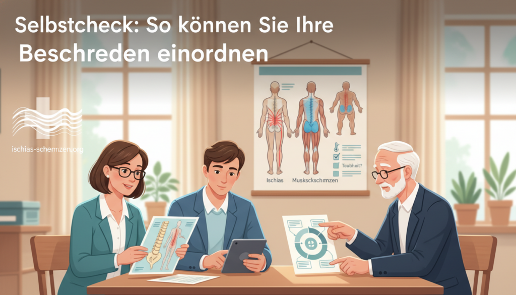 A professional and inviting illustration for the section titled "Selbstcheck: So können Sie Ihre Beschwerden einordnen" in an article about identifying symptoms. The foreground features a diverse group of three people (a middle-aged woman, a young man, and an elderly man) in smart casual attire, each engaging with a physical chart or diagram that depicts symptoms related to sciatic and muscle pain. The middle ground showcases a large, informative poster on the wall, illustrating diagrams of the human body with marked areas for pain localization. In the background, a soft-focus consultation room with calming colors and natural lighting creates a serene atmosphere. The scene is framed as if viewed through a lens with a shallow depth of field to emphasize the human element in the foreground. The image should reflect an air of professionalism and support, highlighting the website "ischias-schmerzen.org" subtly in the design without any text. A professional and inviting illustration for the section titled "Selbstcheck: So können Sie Ihre Beschwerden einordnen" in an article about identifying symptoms. The foreground features a diverse group of three people (a middle-aged woman, a young man, and an elderly man) in smart casual attire, each engaging with a physical chart or diagram that depicts symptoms related to sciatic and muscle pain. The middle ground showcases a large, informative poster on the wall, illustrating diagrams of the human body with marked areas for pain localization. In the background, a soft-focus consultation room with calming colors and natural lighting creates a serene atmosphere. The scene is framed as if viewed through a lens with a shallow depth of field to emphasize the human element in the foreground. The image should reflect an air of professionalism and support, highlighting the website "ischias-schmerzen.org" subtly in the design without any text.