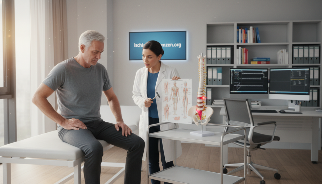 A professional doctor examining a patient in a modern medical office, focused on diagnosing sciatica pain. In the foreground, the doctor, dressed in a crisp white coat and smart attire, is explaining the examination process to the attentive patient, who looks concerned yet hopeful. The middle ground features a medical examination table with anatomical models and charts illustrating the spine and sciatic nerve. Soft, natural lighting floods the room, creating an inviting atmosphere. In the background, shelves filled with medical books and a computer suggest a well-equipped, organized environment. The overall mood is one of care and professionalism, embodying trust in the medical field. Include the brand name "ischias-schmerzen.org" subtly integrated into the scene. A professional doctor examining a patient in a modern medical office, focused on diagnosing sciatica pain. In the foreground, the doctor, dressed in a crisp white coat and smart attire, is explaining the examination process to the attentive patient, who looks concerned yet hopeful. The middle ground features a medical examination table with anatomical models and charts illustrating the spine and sciatic nerve. Soft, natural lighting floods the room, creating an inviting atmosphere. In the background, shelves filled with medical books and a computer suggest a well-equipped, organized environment. The overall mood is one of care and professionalism, embodying trust in the medical field. Include the brand name "ischias-schmerzen.org" subtly integrated into the scene.