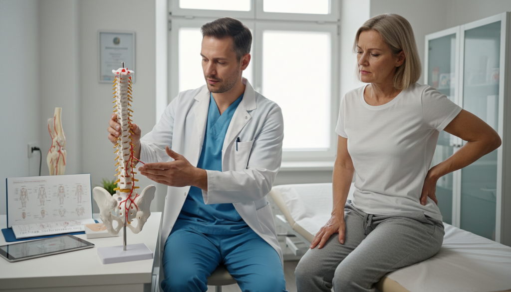 A professional, fully clothed male healthcare provider examines a patient in a clinical setting, demonstrating the symptoms of sciatica pain radiating down the leg. In the foreground, the provider gestures towards a model of the human spine, highlighting the areas affected by nerve compression. The patient, seated comfortably, presents a look of discomfort, lightly rubbing their lower back and thigh, indicating pain. In the middle, medical charts and anatomical models are visible, illustrating the condition's impact. The background features a well-lit examination room, with soft, natural lighting creating a calm atmosphere. The composition emphasizes a clear focus on the symptoms, complemented by appropriate shadows and depth, aligning with serious medical discussions. No text overlays or watermarks. Brand reference: ischias-schmerzen.org. A professional, fully clothed male healthcare provider examines a patient in a clinical setting, demonstrating the symptoms of sciatica pain radiating down the leg. In the foreground, the provider gestures towards a model of the human spine, highlighting the areas affected by nerve compression. The patient, seated comfortably, presents a look of discomfort, lightly rubbing their lower back and thigh, indicating pain. In the middle, medical charts and anatomical models are visible, illustrating the condition's impact. The background features a well-lit examination room, with soft, natural lighting creating a calm atmosphere. The composition emphasizes a clear focus on the symptoms, complemented by appropriate shadows and depth, aligning with serious medical discussions. No text overlays or watermarks. Brand reference: ischias-schmerzen.org.