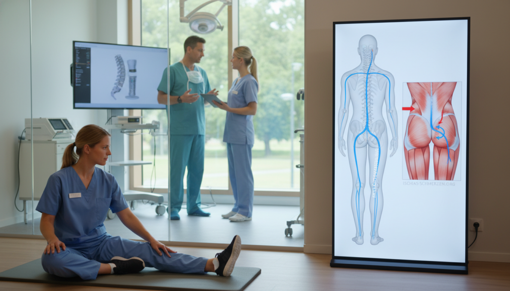 A professional healthcare setting illustrating conservative therapy and surgical options for treating ischialgia. In the foreground, a focused physical therapist demonstrates a gentle stretching exercise with a patient wearing modest athletic clothing. The middle ground includes anatomical diagrams of the sciatic nerve, emphasizing the connection between the back and knee. In the background, a surgeon discusses treatment options with a nurse in a well-equipped consultation room. Soft, natural lighting creates a calming atmosphere, highlighting the seriousness yet hopefulness of pain management. The scene conveys a dedication to recovering from sciatic pain, reflecting a professional and supportive environment. The brand name "ischias-schmerzen.org" subtly integrated into the diagrams, maintaining a clean aesthetic with no text overlays. A professional healthcare setting illustrating conservative therapy and surgical options for treating ischialgia. In the foreground, a focused physical therapist demonstrates a gentle stretching exercise with a patient wearing modest athletic clothing. The middle ground includes anatomical diagrams of the sciatic nerve, emphasizing the connection between the back and knee. In the background, a surgeon discusses treatment options with a nurse in a well-equipped consultation room. Soft, natural lighting creates a calming atmosphere, highlighting the seriousness yet hopefulness of pain management. The scene conveys a dedication to recovering from sciatic pain, reflecting a professional and supportive environment. The brand name "ischias-schmerzen.org" subtly integrated into the diagrams, maintaining a clean aesthetic with no text overlays.