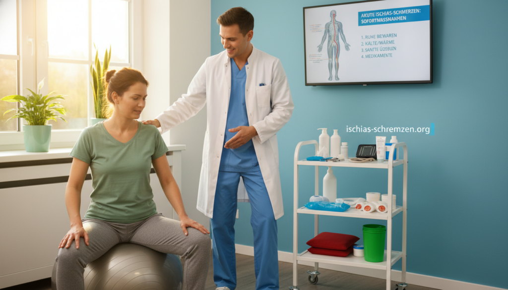 A professional healthcare setting illustrating first aid measures for acute sciatic pain. In the foreground, a calm healthcare professional in a lab coat demonstrates pain relief techniques to a patient, who is seated with a pained expression. The professional uses a wellness ball and demonstrates stretching exercises. In the middle ground, a well-organized medical cart is stocked with basic first aid supplies, and educational imagery related to nerve care is visible. The background features soft natural lighting streaming in through a window, casting a warm glow on the serene environment. The overall atmosphere is supportive and soothing, conveying the urgency yet reassurance of immediate care. The logo "ischias-schmerzen.org" is subtly integrated into the medical cart design. A professional healthcare setting illustrating first aid measures for acute sciatic pain. In the foreground, a calm healthcare professional in a lab coat demonstrates pain relief techniques to a patient, who is seated with a pained expression. The professional uses a wellness ball and demonstrates stretching exercises. In the middle ground, a well-organized medical cart is stocked with basic first aid supplies, and educational imagery related to nerve care is visible. The background features soft natural lighting streaming in through a window, casting a warm glow on the serene environment. The overall atmosphere is supportive and soothing, conveying the urgency yet reassurance of immediate care. The logo "ischias-schmerzen.org" is subtly integrated into the medical cart design.