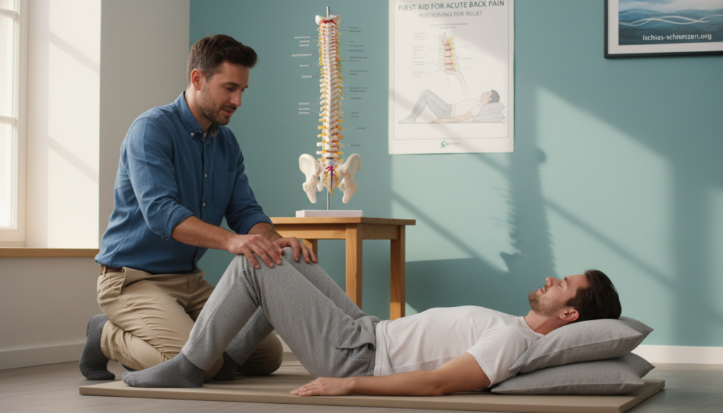 A professional healthcare setting illustrating the concept of "First Aid Positioning for Back Pain." In the foreground, a caregiver, dressed in smart casual attire, gently assists a patient who is lying on a mat, demonstrating the appropriate positioning techniques. The caregiver is focused and attentive, while the patient appears relaxed and comfortable. In the middle ground, an anatomical model of the human spine is visible on a nearby table, emphasizing the educational aspect. The background contains soft, calming colors with natural light streaming in from a window, enhancing the soothing atmosphere of the scene. The overall mood is supportive and informative, ideal for conveying the message of first aid for acute back pain. The brand name "ischias-schmerzen.org" is subtly referenced in the decor of the room. A professional healthcare setting illustrating the concept of "First Aid Positioning for Back Pain." In the foreground, a caregiver, dressed in smart casual attire, gently assists a patient who is lying on a mat, demonstrating the appropriate positioning techniques. The caregiver is focused and attentive, while the patient appears relaxed and comfortable. In the middle ground, an anatomical model of the human spine is visible on a nearby table, emphasizing the educational aspect. The background contains soft, calming colors with natural light streaming in from a window, enhancing the soothing atmosphere of the scene. The overall mood is supportive and informative, ideal for conveying the message of first aid for acute back pain. The brand name "ischias-schmerzen.org" is subtly referenced in the decor of the room.