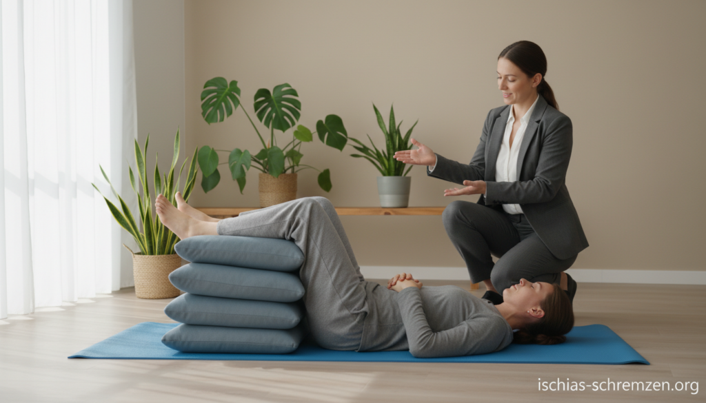 A professional healthcare setting showcasing a person in modest casual clothing demonstrating the "Stufenlagerung" technique for acute sciatic pain relief. In the foreground, the individual rests comfortably on a yoga mat, propped on cushions to elevate their legs, illustrating the technique. In the middle, a physiotherapist in business attire explains the method, emphasizing the importance of proper posture and care. The background features a serene, well-lit room with soft natural light filtering through a window, plants adding a calming ambiance. The overall mood is supportive and informative, creating an atmosphere of healing and reassurance in the context of self-help for sciatic nerve issues. Branding element subtly incorporated: "ischias-schmerzen.org" visible in the corner of the image. A professional healthcare setting showcasing a person in modest casual clothing demonstrating the "Stufenlagerung" technique for acute sciatic pain relief. In the foreground, the individual rests comfortably on a yoga mat, propped on cushions to elevate their legs, illustrating the technique. In the middle, a physiotherapist in business attire explains the method, emphasizing the importance of proper posture and care. The background features a serene, well-lit room with soft natural light filtering through a window, plants adding a calming ambiance. The overall mood is supportive and informative, creating an atmosphere of healing and reassurance in the context of self-help for sciatic nerve issues. Branding element subtly incorporated: "ischias-schmerzen.org" visible in the corner of the image.