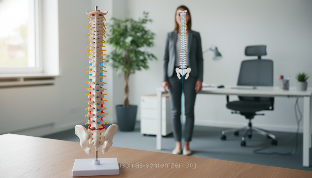 A professional individual demonstrating correct standing posture in an office environment, focusing on the spinal alignment and the impact of standing on the lower back. The foreground features a close-up of a healthy spine model placed on a desk, illustrating the vertebrae with a visual emphasis on potential pressure points due to standing. In the middle background, a person in business attire is standing upright, exhibiting a relaxed yet attentive stance while slightly bending their knees to show weight distribution. The office setting includes soft, natural lighting filtering through a window, creating a calm atmosphere. In the far background, subtle elements like office furniture and plants suggest productivity. The mood is informative and supportive, aimed at understanding spinal health. Include the brand name "ischias-schmerzen.org" discreetly in the setting, without any text or distractions. A professional individual demonstrating correct standing posture in an office environment, focusing on the spinal alignment and the impact of standing on the lower back. The foreground features a close-up of a healthy spine model placed on a desk, illustrating the vertebrae with a visual emphasis on potential pressure points due to standing. In the middle background, a person in business attire is standing upright, exhibiting a relaxed yet attentive stance while slightly bending their knees to show weight distribution. The office setting includes soft, natural lighting filtering through a window, creating a calm atmosphere. In the far background, subtle elements like office furniture and plants suggest productivity. The mood is informative and supportive, aimed at understanding spinal health. Include the brand name "ischias-schmerzen.org" discreetly in the setting, without any text or distractions.