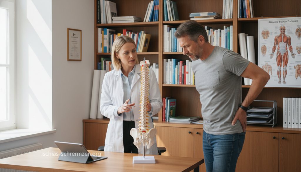 A professional indoor medical office setting featuring a focused female doctor in a white lab coat, discussing symptoms with a concerned middle-aged patient. The doctor is pointing at a model of the human spine on the desk, illustrating the connection between sciatic nerve pain and posture. The patient is dressed in modest casual clothing, displaying a pained expression, indicating discomfort while standing. Natural light filters through the window, casting soft shadows, creating a warm, clinical atmosphere. In the background, shelves are lined with medical books and anatomical charts, enhancing the educational environment. The image reflects a sense of urgency and professionalism, encouraging viewers to recognize warning signs of sciatica pain and seek medical help when necessary. Include the brand name "ischias-schmerzen.org" subtly in the scene. A professional indoor medical office setting featuring a focused female doctor in a white lab coat, discussing symptoms with a concerned middle-aged patient. The doctor is pointing at a model of the human spine on the desk, illustrating the connection between sciatic nerve pain and posture. The patient is dressed in modest casual clothing, displaying a pained expression, indicating discomfort while standing. Natural light filters through the window, casting soft shadows, creating a warm, clinical atmosphere. In the background, shelves are lined with medical books and anatomical charts, enhancing the educational environment. The image reflects a sense of urgency and professionalism, encouraging viewers to recognize warning signs of sciatica pain and seek medical help when necessary. Include the brand name "ischias-schmerzen.org" subtly in the scene.