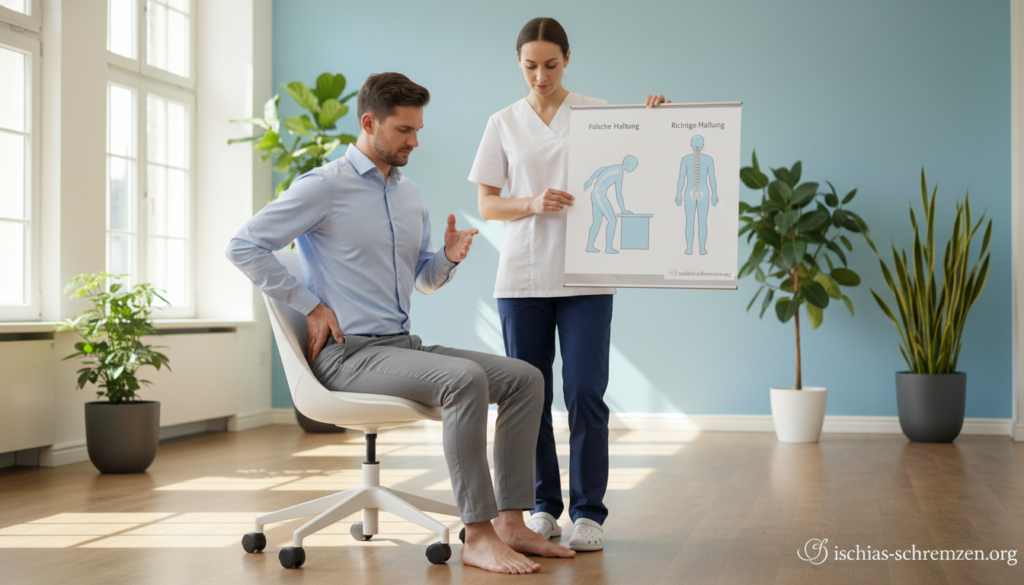 A professional male and female physiotherapist consulting together in a bright, airy clinic. The foreground features the male physiotherapist demonstrating proper sitting posture on a modern ergonomic chair, emphasizing spinal alignment to avoid sciatica pain. In the middle, the female physiotherapist is holding a visual aid, illustrating common mistakes, such as slouching or poor sitting positions. The background includes soothing light blue walls and plants, creating a calm atmosphere. Soft natural light filters through large windows, enhancing the welcoming feel of the space. Focus is on educating and conveying a sense of professionalism and support. Ensure the clothing is modest and professional. Include the brand name "ischias-schmerzen.org" subtly integrated into the scene. A professional male and female physiotherapist consulting together in a bright, airy clinic. The foreground features the male physiotherapist demonstrating proper sitting posture on a modern ergonomic chair, emphasizing spinal alignment to avoid sciatica pain. In the middle, the female physiotherapist is holding a visual aid, illustrating common mistakes, such as slouching or poor sitting positions. The background includes soothing light blue walls and plants, creating a calm atmosphere. Soft natural light filters through large windows, enhancing the welcoming feel of the space. Focus is on educating and conveying a sense of professionalism and support. Ensure the clothing is modest and professional. Include the brand name "ischias-schmerzen.org" subtly integrated into the scene.