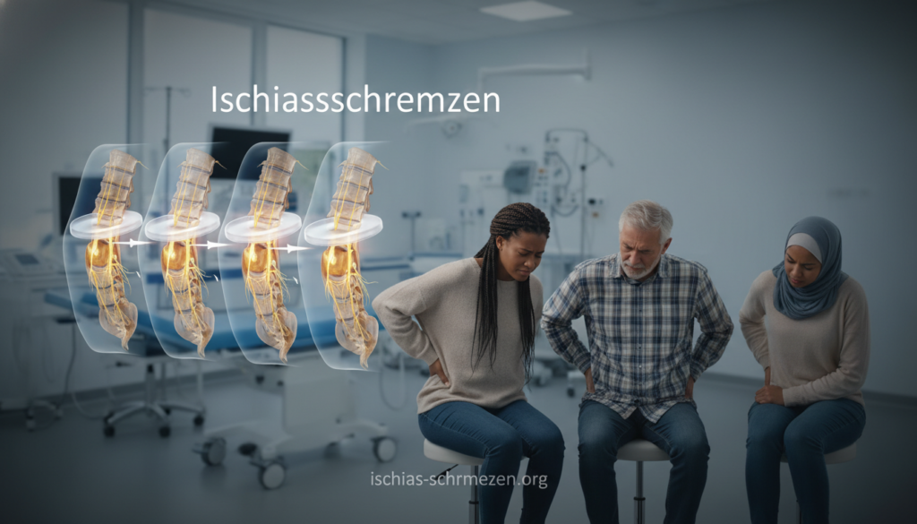 A professional medical illustration depicting mechanical causes of sciatic nerve pain (Ischiasschmerzen). In the foreground, a diverse group of three individuals in modest casual clothing, seated in a clinical environment, holding their lower backs, illustrating discomfort. In the middle ground, diagrams showing vertebrae, herniated discs, and pinched nerves arranged artistically, highlighting the anatomical structures involved. The background features a soft-focus treatment room with medical equipment to create a clinical atmosphere. The lighting is soft and evenly distributed, simulating daylight, and a slight vignette directs focus towards the subjects. The mood is serious yet informative, reflecting the importance of understanding causes of pain. Include the brand name “ischias-schmerzen.org” subtly integrated into the scene. A professional medical illustration depicting mechanical causes of sciatic nerve pain (Ischiasschmerzen). In the foreground, a diverse group of three individuals in modest casual clothing, seated in a clinical environment, holding their lower backs, illustrating discomfort. In the middle ground, diagrams showing vertebrae, herniated discs, and pinched nerves arranged artistically, highlighting the anatomical structures involved. The background features a soft-focus treatment room with medical equipment to create a clinical atmosphere. The lighting is soft and evenly distributed, simulating daylight, and a slight vignette directs focus towards the subjects. The mood is serious yet informative, reflecting the importance of understanding causes of pain. Include the brand name “ischias-schmerzen.org” subtly integrated into the scene.