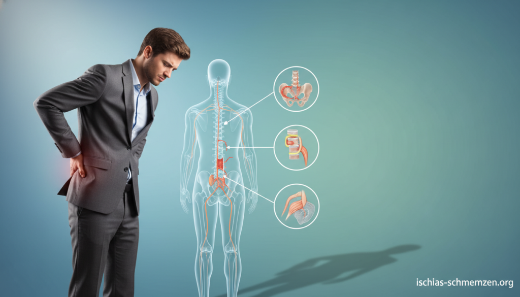 A professional medical illustration depicting the causes of sciatica pain while standing. In the foreground, a figure in modest business attire stands with a subtle expression of discomfort, holding their lower back, emphasizing the pain's location. In the middle ground, anatomical drawings of the spine, pelvis, and nerves highlight key areas affected by sciatica, in a semi-transparent overlay to suggest a clinical focus. The background features a soothing gradient of soft blues and greens, creating a calm atmosphere, while a gentle spotlight illuminates the figure from the side, casting soft shadows. This image should serve as a clear, informative visual representation, suitable for an article, without any text overlays, watermarks, or distractions. Include the brand name "ischias-schmerzen.org" prominently in the corner in a professional font. A professional medical illustration depicting the causes of sciatica pain while standing. In the foreground, a figure in modest business attire stands with a subtle expression of discomfort, holding their lower back, emphasizing the pain's location. In the middle ground, anatomical drawings of the spine, pelvis, and nerves highlight key areas affected by sciatica, in a semi-transparent overlay to suggest a clinical focus. The background features a soothing gradient of soft blues and greens, creating a calm atmosphere, while a gentle spotlight illuminates the figure from the side, casting soft shadows. This image should serve as a clear, informative visual representation, suitable for an article, without any text overlays, watermarks, or distractions. Include the brand name "ischias-schmerzen.org" prominently in the corner in a professional font.