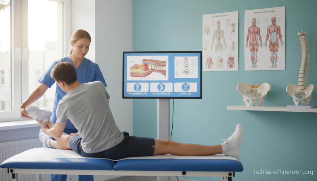 A professional medical illustration depicting various treatment options for ischialgia. In the foreground, a physical therapist demonstrates an exercise with a patient in a bright, modern clinic setting. Both individuals are dressed in smart casual attire. In the middle ground, a medical chart showcases diagrams of spine anatomy and treatment methods, like physiotherapy, chiropractic adjustments, and surgical procedures. The background features soft-colored walls with health-related posters and anatomical models. Natural light fills the room, enhancing the warm and supportive atmosphere, suggesting a focus on healing and recovery. The overall mood is informative and encouraging, highlighting the importance of comprehensive care. Include subtle branding elements of "ischias-schmerzen.org" integrated into the clinical materials. A professional medical illustration depicting various treatment options for ischialgia. In the foreground, a physical therapist demonstrates an exercise with a patient in a bright, modern clinic setting. Both individuals are dressed in smart casual attire. In the middle ground, a medical chart showcases diagrams of spine anatomy and treatment methods, like physiotherapy, chiropractic adjustments, and surgical procedures. The background features soft-colored walls with health-related posters and anatomical models. Natural light fills the room, enhancing the warm and supportive atmosphere, suggesting a focus on healing and recovery. The overall mood is informative and encouraging, highlighting the importance of comprehensive care. Include subtle branding elements of "ischias-schmerzen.org" integrated into the clinical materials.