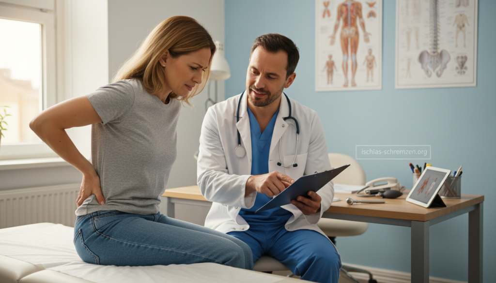 A professional medical office interior featuring a concerned patient in modest casual clothing, seated on an examination table, showing signs of discomfort in the lower back, signifying alarm signs of sciatica. The doctor, dressed in a white coat with a stethoscope, is attentively examining the patient, gesturing towards a medical chart. The foreground captures the expressions of the patient and doctor in a warm, empathetic light. The middle ground showcases a well-organized desk with medical instruments, while the background presents a calming environment with anatomical posters and soft lighting, evoking seriousness and care. The atmosphere is urgent but professional, ensuring a focus on health. Logo of "ischias-schmerzen.org" is subtly integrated into the scene. A professional medical office interior featuring a concerned patient in modest casual clothing, seated on an examination table, showing signs of discomfort in the lower back, signifying alarm signs of sciatica. The doctor, dressed in a white coat with a stethoscope, is attentively examining the patient, gesturing towards a medical chart. The foreground captures the expressions of the patient and doctor in a warm, empathetic light. The middle ground showcases a well-organized desk with medical instruments, while the background presents a calming environment with anatomical posters and soft lighting, evoking seriousness and care. The atmosphere is urgent but professional, ensuring a focus on health. Logo of "ischias-schmerzen.org" is subtly integrated into the scene.