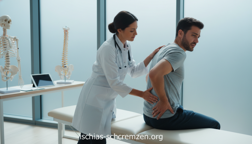 A professional medical scene depicting a doctor diagnosing a patient with back pain in a well-lit examination room. In the foreground, the doctor, dressed in a white lab coat and wearing a stethoscope, attentively examines the patient who is sitting on an examination table, looking concerned. The patient is dressed in modest, casual clothing. In the middle ground, medical charts and anatomy models are visible, enhancing the clinical atmosphere. The background features soft, diffused lighting to create a calming effect, with a focus on clear shadows to add depth. The overall mood is professional and reassuring, emphasizing the importance of accurate diagnosis. The image is intended for the website "ischias-schmerzen.org". A professional medical scene depicting a doctor diagnosing a patient with back pain in a well-lit examination room. In the foreground, the doctor, dressed in a white lab coat and wearing a stethoscope, attentively examines the patient who is sitting on an examination table, looking concerned. The patient is dressed in modest, casual clothing. In the middle ground, medical charts and anatomy models are visible, enhancing the clinical atmosphere. The background features soft, diffused lighting to create a calming effect, with a focus on clear shadows to add depth. The overall mood is professional and reassuring, emphasizing the importance of accurate diagnosis. The image is intended for the website "ischias-schmerzen.org".