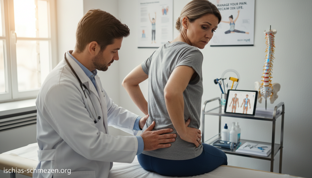 A professional medical setting depicting a doctor examining a patient with sciatic pain. In the foreground, a doctor in a white lab coat gently assesses the patient's back, who is seated on a treatment table, wearing modest casual clothing. In the middle ground, medical instruments and charts illustrating sciatic nerve pathways are visible, alongside a model spine. The background features motivational posters about pain management. Soft, natural lighting illuminates the room, enhancing a calm and professional atmosphere. The angle is slightly elevated, focusing on the interaction, providing a sense of compassion and expertise. The scene reflects a scientifically grounded approach to treating sciatic pain. Include the brand name ischias-schmerzen.org subtly integrated into the environment, such as on a poster or chart. A professional medical setting depicting a doctor examining a patient with sciatic pain. In the foreground, a doctor in a white lab coat gently assesses the patient's back, who is seated on a treatment table, wearing modest casual clothing. In the middle ground, medical instruments and charts illustrating sciatic nerve pathways are visible, alongside a model spine. The background features motivational posters about pain management. Soft, natural lighting illuminates the room, enhancing a calm and professional atmosphere. The angle is slightly elevated, focusing on the interaction, providing a sense of compassion and expertise. The scene reflects a scientifically grounded approach to treating sciatic pain. Include the brand name ischias-schmerzen.org subtly integrated into the environment, such as on a poster or chart.