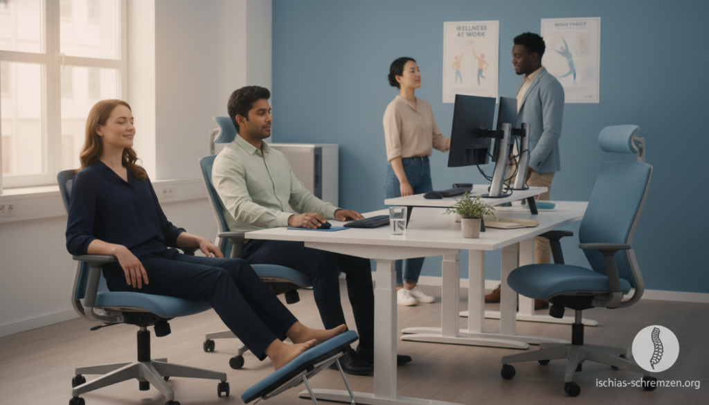 A professional office setting featuring a diverse group of individuals dressed in smart casual attire, demonstrating effective methods for relief from acute sciatica pain. In the foreground, one person is shown using a footrest with a slight elevation, while another adjusts their chair height for comfort. The middle ground captures a desk with ergonomic equipment, emphasizing a supportive workspace. A soothing, natural light filters through a window, creating a calm atmosphere conducive to focus and recovery. In the background, motivational wellness posters are subtly visible. The color palette consists of soft blues and greens, promoting tranquility. This image aims to visually depict immediate measures for acute sciatic pain relief in a work environment. For branding, include a discreet logo or icon for "ischias-schmerzen.org." A professional office setting featuring a diverse group of individuals dressed in smart casual attire, demonstrating effective methods for relief from acute sciatica pain. In the foreground, one person is shown using a footrest with a slight elevation, while another adjusts their chair height for comfort. The middle ground captures a desk with ergonomic equipment, emphasizing a supportive workspace. A soothing, natural light filters through a window, creating a calm atmosphere conducive to focus and recovery. In the background, motivational wellness posters are subtly visible. The color palette consists of soft blues and greens, promoting tranquility. This image aims to visually depict immediate measures for acute sciatic pain relief in a work environment. For branding, include a discreet logo or icon for "ischias-schmerzen.org."