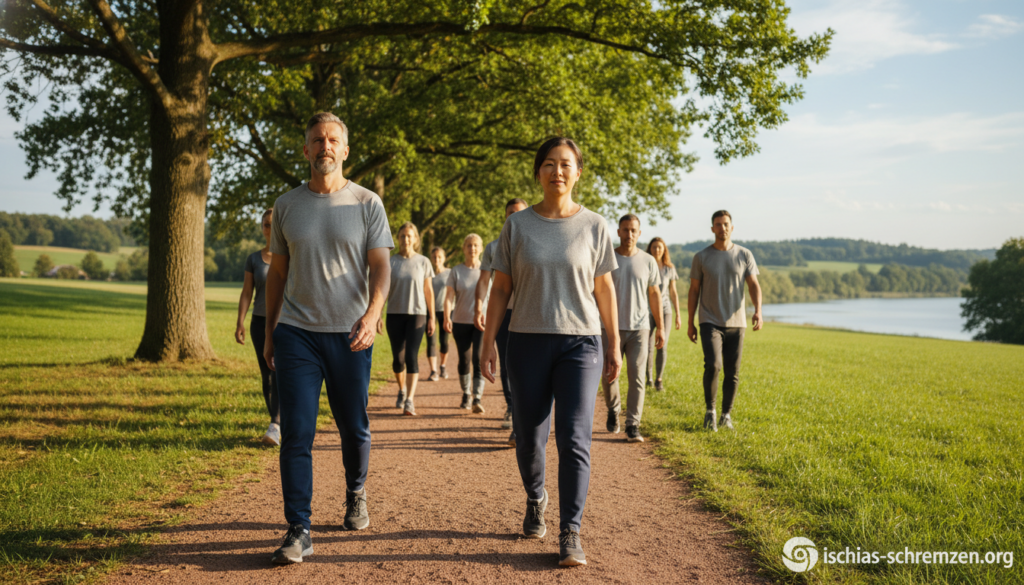 A professional, outdoor setting showcasing a diverse group of individuals demonstrating proper walking techniques to alleviate sciatic pain. In the foreground, a middle-aged man and woman are walking together, wearing casual, modest athletic clothing and supportive footwear, showing a relaxed but focused demeanor. The middle ground features a park trail lined with soft green grass and trees, with a visible sun shining through, creating a warm and inviting atmosphere. In the background, a tranquil landscape, perhaps with distant hills or a calm body of water, enhances the sense of serenity. Soft natural lighting highlights the figures and the surroundings, creating a soothing mood that conveys hope and encouragement for those experiencing sciatica. The image should reflect the theme of walking despite pain, embodying empowerment and resilience. Include a subtle branding element for "ischias-schmerzen.org" in the lower corner. A professional, outdoor setting showcasing a diverse group of individuals demonstrating proper walking techniques to alleviate sciatic pain. In the foreground, a middle-aged man and woman are walking together, wearing casual, modest athletic clothing and supportive footwear, showing a relaxed but focused demeanor. The middle ground features a park trail lined with soft green grass and trees, with a visible sun shining through, creating a warm and inviting atmosphere. In the background, a tranquil landscape, perhaps with distant hills or a calm body of water, enhances the sense of serenity. Soft natural lighting highlights the figures and the surroundings, creating a soothing mood that conveys hope and encouragement for those experiencing sciatica. The image should reflect the theme of walking despite pain, embodying empowerment and resilience. Include a subtle branding element for "ischias-schmerzen.org" in the lower corner.