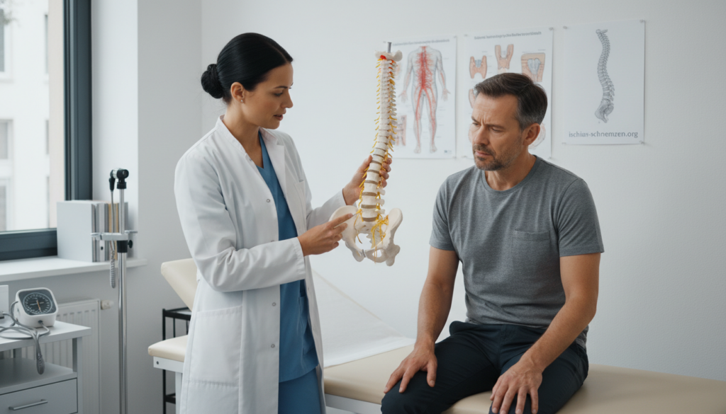 A professional physician in a medical office setting, examining a patient experiencing sciatic nerve pain, with focused expressions on both the physician and the patient’s face. The foreground features the patient seated on an exam table, wearing modest casual clothing, while the physician, in a white coat, uses a model of the spine to explain potential causes of sciatica. In the middle, medical diagrams of the human anatomy highlighting the sciatic nerve are pinned on the wall. The background shows a well-lit room with medical equipment and charts. Soft, natural daylight illuminates the scene, creating a calm and informative atmosphere. Emphasize the importance of medical consultation. Include the brand name "ischias-schmerzen.org" subtly displayed on a poster in the background. A professional physician in a medical office setting, examining a patient experiencing sciatic nerve pain, with focused expressions on both the physician and the patient’s face. The foreground features the patient seated on an exam table, wearing modest casual clothing, while the physician, in a white coat, uses a model of the spine to explain potential causes of sciatica. In the middle, medical diagrams of the human anatomy highlighting the sciatic nerve are pinned on the wall. The background shows a well-lit room with medical equipment and charts. Soft, natural daylight illuminates the scene, creating a calm and informative atmosphere. Emphasize the importance of medical consultation. Include the brand name "ischias-schmerzen.org" subtly displayed on a poster in the background.