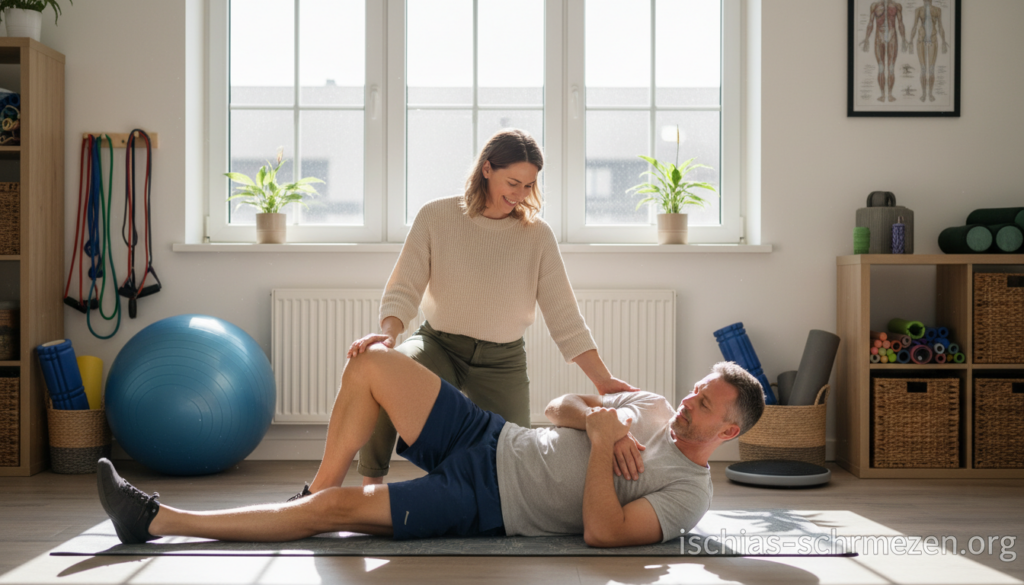 A professional physiotherapist is demonstrating exercises for alleviating sciatic pain in a bright, well-lit therapy room. In the foreground, the therapist, dressed in smart casual clothing, helps a patient perform gentle stretches on a yoga mat. The patient, also in modest active wear, appears focused and engaged. In the middle, various physiotherapy equipment like exercise balls, resistance bands, and foam rollers are arranged neatly, emphasizing an active healing environment. The background features a window allowing natural light to flood the space, creating a calm and inviting atmosphere. The overall mood is one of treatment and recovery, resonating with the theme of active relief through physiotherapy. The brand name "ischias-schmerzen.org" is subtly integrated into the scene without distraction. A professional physiotherapist is demonstrating exercises for alleviating sciatic pain in a bright, well-lit therapy room. In the foreground, the therapist, dressed in smart casual clothing, helps a patient perform gentle stretches on a yoga mat. The patient, also in modest active wear, appears focused and engaged. In the middle, various physiotherapy equipment like exercise balls, resistance bands, and foam rollers are arranged neatly, emphasizing an active healing environment. The background features a window allowing natural light to flood the space, creating a calm and inviting atmosphere. The overall mood is one of treatment and recovery, resonating with the theme of active relief through physiotherapy. The brand name "ischias-schmerzen.org" is subtly integrated into the scene without distraction.