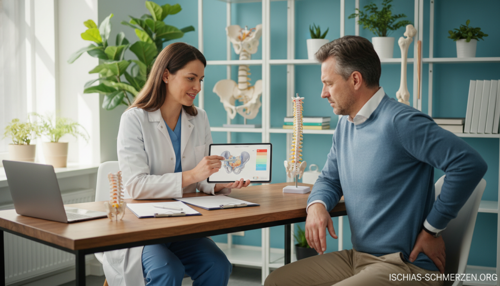 A professional, serene medical consultation scene showcasing a healthcare provider discussing sciatica issues with a patient in a well-lit, modern clinic. In the foreground, the physician, dressed in a crisp white lab coat, sits attentively across a desk from a patient wearing smart casual clothing. The patient shows signs of discomfort, lightly touching their lower back, while the doctor points to a diagram of the spine on a tablet to explain symptoms. In the middle ground, medical charts and anatomical models are visible, emphasizing the clinical setting. Soft, natural lighting enhances the calm atmosphere, with a shallow depth of field focusing on the interaction. The background features soothing colors and potted plants, evoking a sense of professionalism and care. Image credit: ischias-schmerzen.org. A professional, serene medical consultation scene showcasing a healthcare provider discussing sciatica issues with a patient in a well-lit, modern clinic. In the foreground, the physician, dressed in a crisp white lab coat, sits attentively across a desk from a patient wearing smart casual clothing. The patient shows signs of discomfort, lightly touching their lower back, while the doctor points to a diagram of the spine on a tablet to explain symptoms. In the middle ground, medical charts and anatomical models are visible, emphasizing the clinical setting. Soft, natural lighting enhances the calm atmosphere, with a shallow depth of field focusing on the interaction. The background features soothing colors and potted plants, evoking a sense of professionalism and care. Image credit: ischias-schmerzen.org.