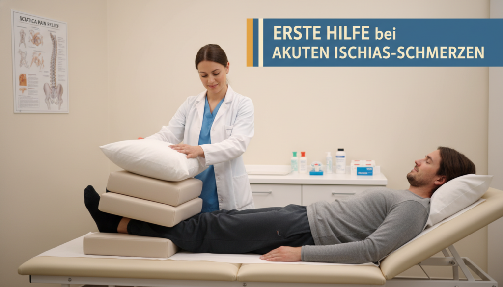 A professional setting illustrating "First Aid for Acute Sciatica Pain Relief," with a focus on the 'Stufenlagerung' method. In the foreground, a person in modest casual clothing lies on a comfortable surface, positioned with their legs at different heights, demonstrating the 'Stufenlagerung' technique. Their expression shows relief and calmness. In the middle, a supportive figure attentively assists, ensuring proper body alignment, emphasizing a caring atmosphere. The background features a softly lit medical room, complete with basic first aid supplies laid out neatly, creating a sense of safety and professionalism. The lighting is warm and inviting, accentuating the soothing environment. This image embodies the essence of effective first aid in a compassionate and educational manner for ischias-schmerzen.org. A professional setting illustrating "First Aid for Acute Sciatica Pain Relief," with a focus on the 'Stufenlagerung' method. In the foreground, a person in modest casual clothing lies on a comfortable surface, positioned with their legs at different heights, demonstrating the 'Stufenlagerung' technique. Their expression shows relief and calmness. In the middle, a supportive figure attentively assists, ensuring proper body alignment, emphasizing a caring atmosphere. The background features a softly lit medical room, complete with basic first aid supplies laid out neatly, creating a sense of safety and professionalism. The lighting is warm and inviting, accentuating the soothing environment. This image embodies the essence of effective first aid in a compassionate and educational manner for ischias-schmerzen.org.