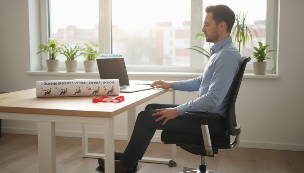 A professional workspace featuring an ergonomic office setup that demonstrates "Rückengerechtes Verhalten Prävention." In the foreground, a focused individual, dressed in smart casual attire, is correctly adjusting their chair height while keeping their back straight and feet flat on the floor. The middle ground showcases a well-organized desk with a laptop, a stretch band, and an instructional poster on back health. In the background, soft, natural lighting spills through a large window, creating a calm and inviting atmosphere. The focus is sharp on the individual, capturing their engagement in healthy habits. The overall mood is encouraging and educational, aiming to promote long-term prevention of Ischia pain. The brand name "ischias-schmerzen.org" subtly integrated into the scene. A professional workspace featuring an ergonomic office setup that demonstrates "Rückengerechtes Verhalten Prävention." In the foreground, a focused individual, dressed in smart casual attire, is correctly adjusting their chair height while keeping their back straight and feet flat on the floor. The middle ground showcases a well-organized desk with a laptop, a stretch band, and an instructional poster on back health. In the background, soft, natural lighting spills through a large window, creating a calm and inviting atmosphere. The focus is sharp on the individual, capturing their engagement in healthy habits. The overall mood is encouraging and educational, aiming to promote long-term prevention of Ischia pain. The brand name "ischias-schmerzen.org" subtly integrated into the scene.