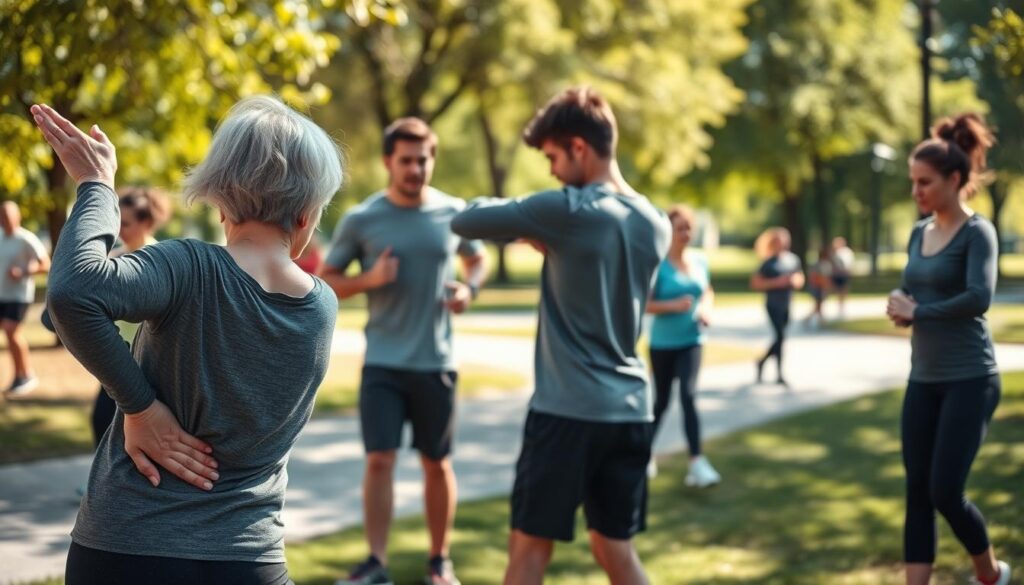 A realistic outdoor scene depicting a diverse group of individuals engaging in lower back warm-up exercises before jogging. In the foreground, a middle-aged woman in comfortable workout attire is performing a stretching exercise, focusing on her lower back, demonstrating proper form. In the middle, a young man is doing gentle torso twists, while another person beside him is bending forward to stretch their hamstrings. The background features a sunny park setting with green trees and jogging paths, bathed in natural lighting. The mood is energetic and motivating, reflecting a sense of community and fitness, with people of various ages participating in warm-up routines. The composition captures a candid, everyday atmosphere without any studio-like effects. A realistic outdoor scene depicting a diverse group of individuals engaging in lower back warm-up exercises before jogging. In the foreground, a middle-aged woman in comfortable workout attire is performing a stretching exercise, focusing on her lower back, demonstrating proper form. In the middle, a young man is doing gentle torso twists, while another person beside him is bending forward to stretch their hamstrings. The background features a sunny park setting with green trees and jogging paths, bathed in natural lighting. The mood is energetic and motivating, reflecting a sense of community and fitness, with people of various ages participating in warm-up routines. The composition captures a candid, everyday atmosphere without any studio-like effects.