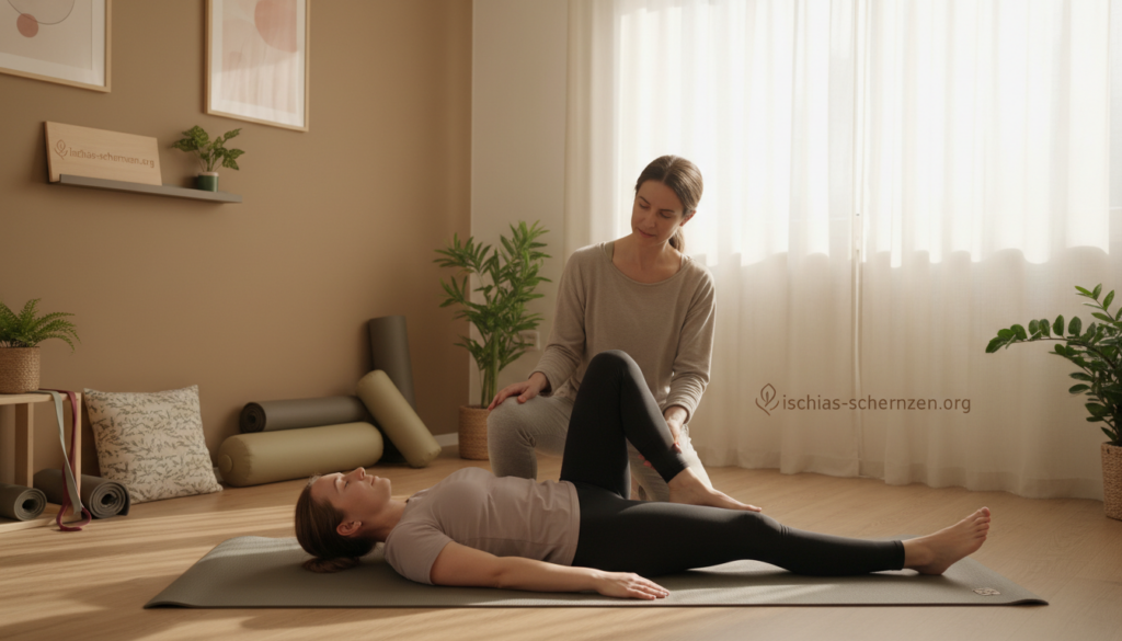 A serene and calming image illustrating gentle movement for alleviating acute sciatica pain. In the foreground, a professional therapist in modest casual clothing is demonstrating a helpful stretching technique on a patient, who is also dressed in comfortable, professional attire. The middle ground features a softly-lit therapy room with exercise mats and soothing decor, creating a peaceful environment. The background hints at soft window light filtering through sheer curtains, casting a warm glow. The atmosphere is focused and supportive, emphasizing care and healing. The image should evoke a sense of relief and professionalism, suitable for an article on back pain management. Include subtle branding with the logo “ischias-schmerzen.org” integrated into the decor, ensuring no text is prominent in the scene. A serene and calming image illustrating gentle movement for alleviating acute sciatica pain. In the foreground, a professional therapist in modest casual clothing is demonstrating a helpful stretching technique on a patient, who is also dressed in comfortable, professional attire. The middle ground features a softly-lit therapy room with exercise mats and soothing decor, creating a peaceful environment. The background hints at soft window light filtering through sheer curtains, casting a warm glow. The atmosphere is focused and supportive, emphasizing care and healing. The image should evoke a sense of relief and professionalism, suitable for an article on back pain management. Include subtle branding with the logo “ischias-schmerzen.org” integrated into the decor, ensuring no text is prominent in the scene.