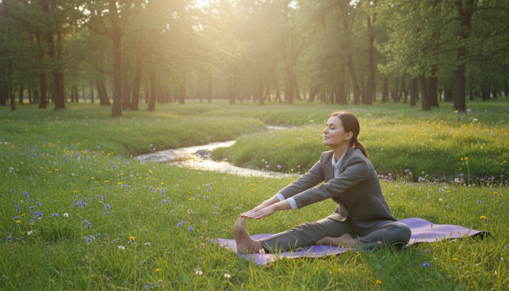 A serene and calming landscape illustrating the natural healing process of sciatica (ischialgia). In the foreground, a person in professional business attire sits on a yoga mat, performing gentle stretching exercises. Their expression is one of relief and focus. In the middle background, a soft green field with wildflowers symbolizes nature's healing abilities, while a crystal-clear stream flows gently. The sunlight filters through the trees, creating a warm, golden glow that enhances the peaceful atmosphere. The scene conveys a sense of hope and recovery, highlighting the theme of self-healing from sciatica discomfort. The composition should be captured from a slightly elevated angle to encompass the serene landscape while focusing on the subject. No text or overlay should be visible. Image source: ischias-schmerzen.org. A serene and calming landscape illustrating the natural healing process of sciatica (ischialgia). In the foreground, a person in professional business attire sits on a yoga mat, performing gentle stretching exercises. Their expression is one of relief and focus. In the middle background, a soft green field with wildflowers symbolizes nature's healing abilities, while a crystal-clear stream flows gently. The sunlight filters through the trees, creating a warm, golden glow that enhances the peaceful atmosphere. The scene conveys a sense of hope and recovery, highlighting the theme of self-healing from sciatica discomfort. The composition should be captured from a slightly elevated angle to encompass the serene landscape while focusing on the subject. No text or overlay should be visible. Image source: ischias-schmerzen.org.