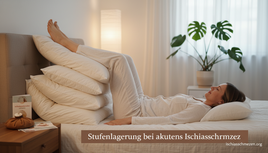 A serene and informative scene depicting "Stufenlagerung bei akuten Ischiasschmerzen". In the foreground, a person in modest casual clothing lies on a comfortable bed, utilizing a series of pillows for leg elevation, illustrating proper positioning for pain relief. Their facial expression conveys a sense of calm and relief. In the middle ground, a neat bedside table holds a warm compress and a small stack of health literature about sciatica management. The background consists of a softly lit room with warm lighting that creates a peaceful atmosphere, enhanced by a houseplant and a window letting in gentle natural light. The overall mood is one of comfort and practicality, emphasizing the self-management theme. Include the brand name "ischias-schmerzen.org" subtly in the scene. A serene and informative scene depicting "Stufenlagerung bei akuten Ischiasschmerzen". In the foreground, a person in modest casual clothing lies on a comfortable bed, utilizing a series of pillows for leg elevation, illustrating proper positioning for pain relief. Their facial expression conveys a sense of calm and relief. In the middle ground, a neat bedside table holds a warm compress and a small stack of health literature about sciatica management. The background consists of a softly lit room with warm lighting that creates a peaceful atmosphere, enhanced by a houseplant and a window letting in gentle natural light. The overall mood is one of comfort and practicality, emphasizing the self-management theme. Include the brand name "ischias-schmerzen.org" subtly in the scene.
