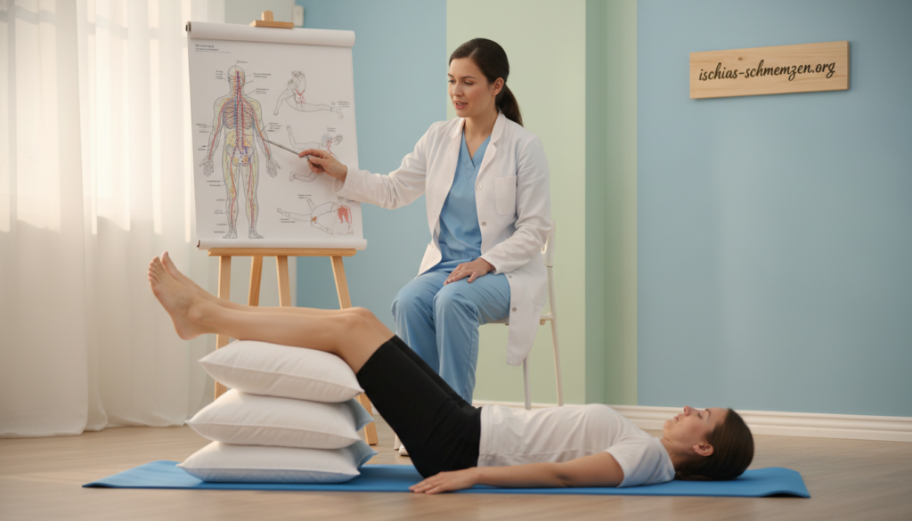 A serene and informative scene depicting a professional, modestly dressed individual demonstrating first aid for sciatica pain through proper leg positioning. The foreground features a person lying on a yoga mat, with their legs elevated on a stack of pillows, showing the correct stage of elevation for effective relief. The middle ground includes a healthcare professional explaining the technique, wearing a lab coat and holding a diagram. The background presents a softly lit room with calming colors, such as light blues and greens, symbolizing tranquility and healing. The lighting is soft and warm, creating an inviting atmosphere. The logo of "ischias-schmerzen.org" subtly incorporated as a small detail in the setting. The mood is educational and supportive, focused on providing immediate relief techniques. A serene and informative scene depicting a professional, modestly dressed individual demonstrating first aid for sciatica pain through proper leg positioning. The foreground features a person lying on a yoga mat, with their legs elevated on a stack of pillows, showing the correct stage of elevation for effective relief. The middle ground includes a healthcare professional explaining the technique, wearing a lab coat and holding a diagram. The background presents a softly lit room with calming colors, such as light blues and greens, symbolizing tranquility and healing. The lighting is soft and warm, creating an inviting atmosphere. The logo of "ischias-schmerzen.org" subtly incorporated as a small detail in the setting. The mood is educational and supportive, focused on providing immediate relief techniques.