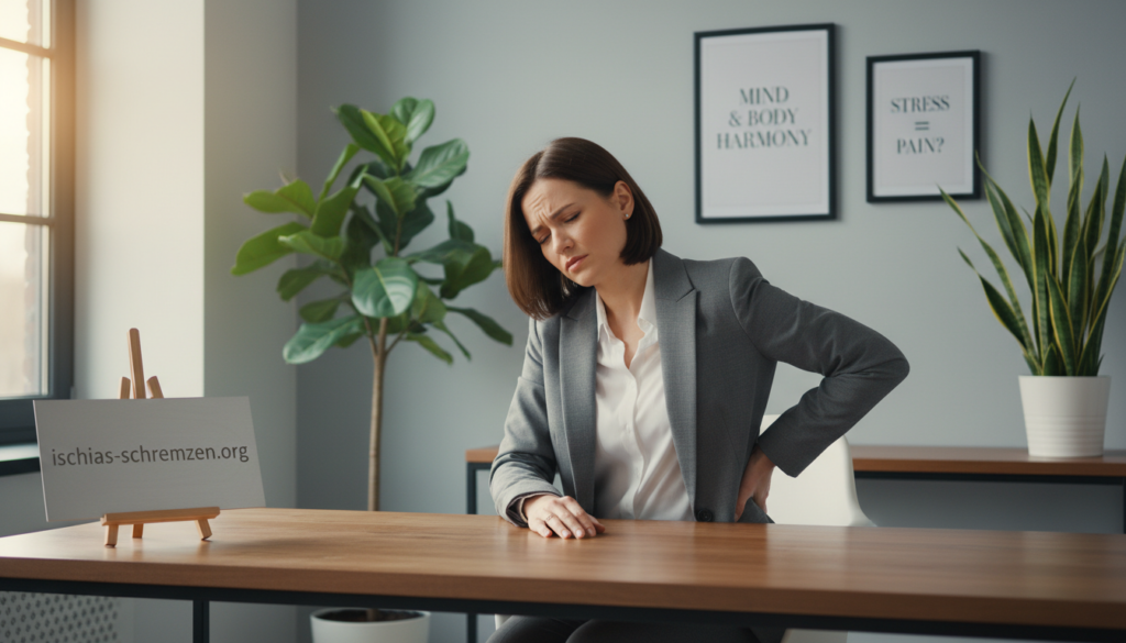 A serene and introspective office environment, featuring a professional sitting at a desk, clearly experiencing discomfort related to sciatic pain. The person, dressed in smart business attire, gently massages their lower back, conveying stress and tension. The foreground includes the individual, while the background displays a softly lit workspace with plants and motivational posters that hint at a connection between stress and physical pain. The lighting is warm and inviting, creating a calm atmosphere, while shadows add depth. A subtle focus on the individual's expression portrays contemplation and the psychosomatic nature of their condition. The image prominently features the brand name "ischias-schmerzen.org" within the scene, enhancing the visual narrative without text overlay. A serene and introspective office environment, featuring a professional sitting at a desk, clearly experiencing discomfort related to sciatic pain. The person, dressed in smart business attire, gently massages their lower back, conveying stress and tension. The foreground includes the individual, while the background displays a softly lit workspace with plants and motivational posters that hint at a connection between stress and physical pain. The lighting is warm and inviting, creating a calm atmosphere, while shadows add depth. A subtle focus on the individual's expression portrays contemplation and the psychosomatic nature of their condition. The image prominently features the brand name "ischias-schmerzen.org" within the scene, enhancing the visual narrative without text overlay.