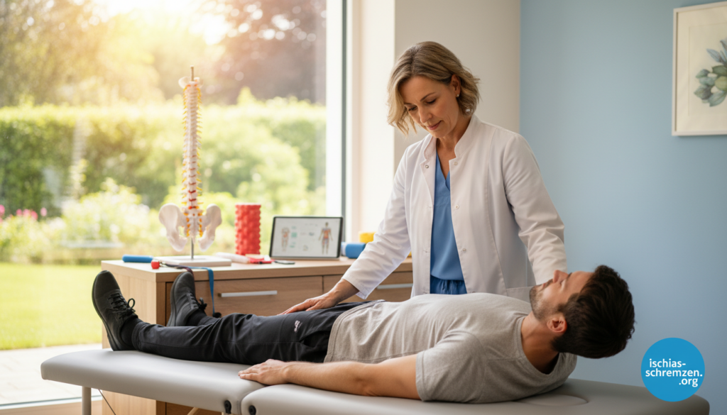 A serene and professional medical setting, featuring a mid-aged clinician attentively examining a patient experiencing sciatica pain. In the foreground, the clinician, dressed in a crisp white lab coat and smart attire, is demonstrating a therapeutic exercise to the patient, who is positioned comfortably on a treatment table, dressed in modest casual clothing. In the middle ground, various medical tools and a spine model can be seen, illustrating treatment methods for sciatica. The background conveys a calming atmosphere, with soft lighting that enhances the warm tones of the room and a large window revealing a peaceful outdoor scene. The image encapsulates a sense of hope and healing, reflecting the theme "Treatment and Therapy: Ways to Alleviate Pain and Heal." The logo "ischias-schmerzen.org" is subtly incorporated in the design for branding. A serene and professional medical setting, featuring a mid-aged clinician attentively examining a patient experiencing sciatica pain. In the foreground, the clinician, dressed in a crisp white lab coat and smart attire, is demonstrating a therapeutic exercise to the patient, who is positioned comfortably on a treatment table, dressed in modest casual clothing. In the middle ground, various medical tools and a spine model can be seen, illustrating treatment methods for sciatica. The background conveys a calming atmosphere, with soft lighting that enhances the warm tones of the room and a large window revealing a peaceful outdoor scene. The image encapsulates a sense of hope and healing, reflecting the theme "Treatment and Therapy: Ways to Alleviate Pain and Heal." The logo "ischias-schmerzen.org" is subtly incorporated in the design for branding.