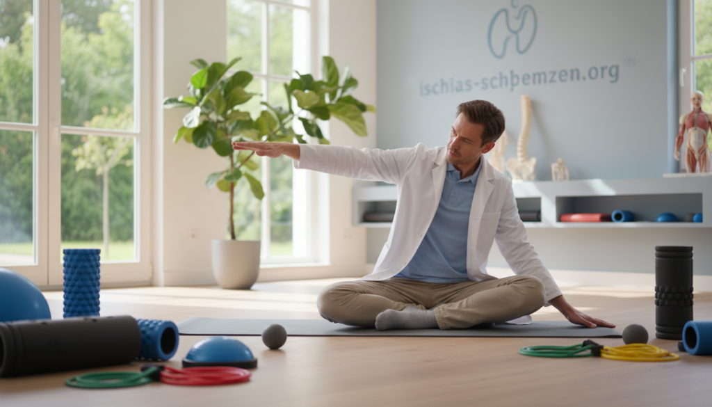 A serene and professional scene depicting a physiotherapist guiding a patient through specific exercises for sciatica relief. In the foreground, the therapist, dressed in a white lab coat, demonstrates a gentle stretch while the patient, in comfortable athletic wear, mirrors the motion. The middle ground features an exercise mat surrounded by props like foam rollers and resistance bands, creating an inviting atmosphere for rehabilitation. The background is softly lit, suggesting a calm and clean therapy room with subtle greenery visible through a large window, enhancing the overall sense of tranquility. The lighting is warm and natural, casting soft shadows that add depth to the scene. The ambiance is focused on healing and support, perfectly aligning with the theme of appropriate movement in daily life. Brand name: ischias-schmerzen.org. A serene and professional scene depicting a physiotherapist guiding a patient through specific exercises for sciatica relief. In the foreground, the therapist, dressed in a white lab coat, demonstrates a gentle stretch while the patient, in comfortable athletic wear, mirrors the motion. The middle ground features an exercise mat surrounded by props like foam rollers and resistance bands, creating an inviting atmosphere for rehabilitation. The background is softly lit, suggesting a calm and clean therapy room with subtle greenery visible through a large window, enhancing the overall sense of tranquility. The lighting is warm and natural, casting soft shadows that add depth to the scene. The ambiance is focused on healing and support, perfectly aligning with the theme of appropriate movement in daily life. Brand name: ischias-schmerzen.org.