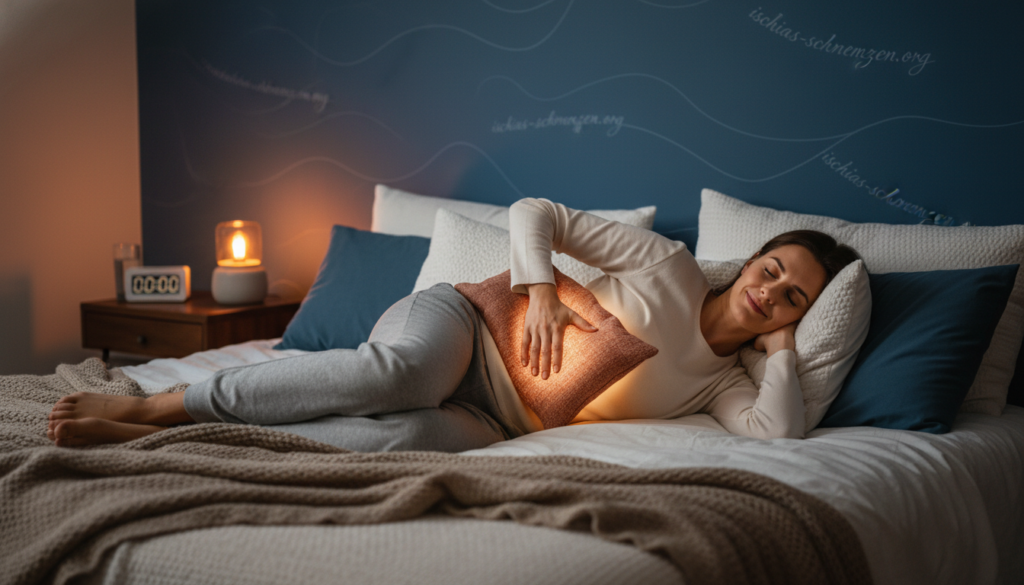 A serene bedroom scene at night, featuring a person in modest casual clothing lying comfortably on a bed, applying a warm heat pack to their lower back to relieve sciatic pain. Soft, warm lighting fills the room, creating a cozy and relaxing atmosphere. In the foreground, the heat pack is highlighted with gentle light, showing its texture. In the middle, the person appears calm and at ease, surrounded by plush pillows and blankets. In the background, soft shadows of a nightstand with a glass of water and a clock showing midnight add to the tranquil mood. The overall composition conveys relief and comfort, emphasizing the importance of warmth in alleviating nighttime sciatic pain, with subtle branding of "ischias-schmerzen.org" integrated into the softness of the room. A serene bedroom scene at night, featuring a person in modest casual clothing lying comfortably on a bed, applying a warm heat pack to their lower back to relieve sciatic pain. Soft, warm lighting fills the room, creating a cozy and relaxing atmosphere. In the foreground, the heat pack is highlighted with gentle light, showing its texture. In the middle, the person appears calm and at ease, surrounded by plush pillows and blankets. In the background, soft shadows of a nightstand with a glass of water and a clock showing midnight add to the tranquil mood. The overall composition conveys relief and comfort, emphasizing the importance of warmth in alleviating nighttime sciatic pain, with subtle branding of "ischias-schmerzen.org" integrated into the softness of the room.