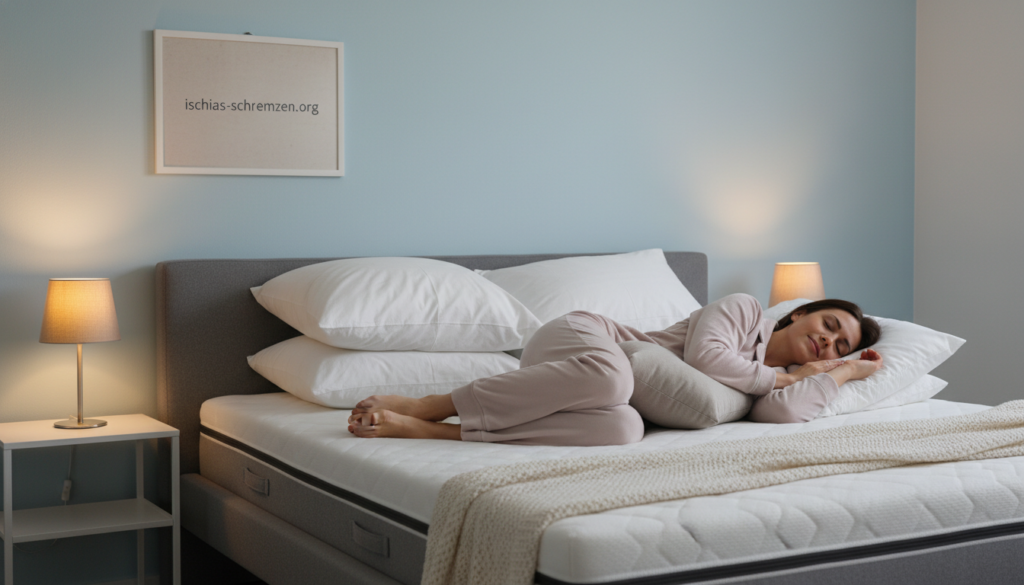 A serene bedroom scene illustrating the ideal sleeping position for alleviating sciatica pain, featuring a person in modest, comfortable sleepwear resting on a supportive mattress. The foreground showcases a well-lit, cozy bed positioned against a softly painted wall, with plush pillows arranged for optimal spinal alignment. In the middle ground, a peaceful, relaxed individual shows proper sleeping posture—lying on the side or back, legs aligned and supported by a cushion between the knees. The background features gentle lighting from a bedside lamp, casting a warm glow that evokes comfort and tranquility. The atmosphere is calming, promoting a sense of relief and well-being. Branding can be subtly integrated into the decor, referencing "ischias-schmerzen.org" in a minimalist fashion. A serene bedroom scene illustrating the ideal sleeping position for alleviating sciatica pain, featuring a person in modest, comfortable sleepwear resting on a supportive mattress. The foreground showcases a well-lit, cozy bed positioned against a softly painted wall, with plush pillows arranged for optimal spinal alignment. In the middle ground, a peaceful, relaxed individual shows proper sleeping posture—lying on the side or back, legs aligned and supported by a cushion between the knees. The background features gentle lighting from a bedside lamp, casting a warm glow that evokes comfort and tranquility. The atmosphere is calming, promoting a sense of relief and well-being. Branding can be subtly integrated into the decor, referencing "ischias-schmerzen.org" in a minimalist fashion.