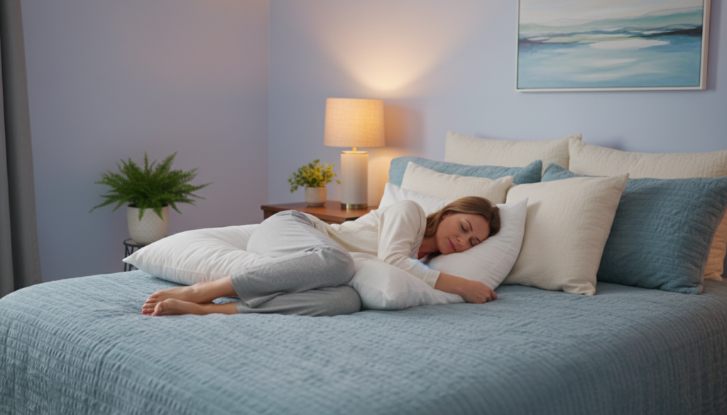 A serene bedroom scene illustrating the optimal sleeping position for relief from sciatic pain. In the foreground, a person in modest sleepwear lies comfortably on a queen-sized bed, their body curled in a gentle fetal position on one side, with a supportive pillow between their knees. The middle ground features soft, ambient lighting, creating a calming atmosphere. The walls are painted in soothing pastel colors, and a cozy comforter is layered over the bed. In the background, a nightstand holds a soft lamp, casting a warm glow. Elements of tranquility, like potted plants and serene artwork, enhance the peaceful environment. The image should evoke comfort and promote healing, reflecting the essence of "ischias-schmerzen.org" without text overlays or watermarks. A serene bedroom scene illustrating the optimal sleeping position for relief from sciatic pain. In the foreground, a person in modest sleepwear lies comfortably on a queen-sized bed, their body curled in a gentle fetal position on one side, with a supportive pillow between their knees. The middle ground features soft, ambient lighting, creating a calming atmosphere. The walls are painted in soothing pastel colors, and a cozy comforter is layered over the bed. In the background, a nightstand holds a soft lamp, casting a warm glow. Elements of tranquility, like potted plants and serene artwork, enhance the peaceful environment. The image should evoke comfort and promote healing, reflecting the essence of "ischias-schmerzen.org" without text overlays or watermarks.