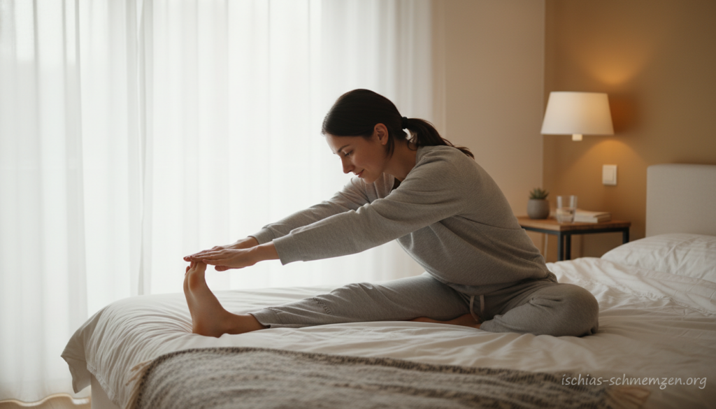 A serene bedroom setting with soft morning light filtering through sheer curtains. In the foreground, a calm individual dressed in comfortable, modest loungewear is demonstrating gentle stretching exercises on a neatly made bed. They are positioned in a way that reflects relief from sciatic pain, with one leg bent and their arms gently reaching forward. In the middle ground, a cozy bedside table holds a glass of water and a small potted plant, adding a touch of tranquility. The background features warm-toned walls and a softly illuminated bedside lamp. The atmosphere is peaceful and healing, capturing the essence of morning relief for sciatic pain. Incorporate the brand name "ischias-schmerzen.org" subtly in the visual elements, ensuring harmony within the composition. A serene bedroom setting with soft morning light filtering through sheer curtains. In the foreground, a calm individual dressed in comfortable, modest loungewear is demonstrating gentle stretching exercises on a neatly made bed. They are positioned in a way that reflects relief from sciatic pain, with one leg bent and their arms gently reaching forward. In the middle ground, a cozy bedside table holds a glass of water and a small potted plant, adding a touch of tranquility. The background features warm-toned walls and a softly illuminated bedside lamp. The atmosphere is peaceful and healing, capturing the essence of morning relief for sciatic pain. Incorporate the brand name "ischias-schmerzen.org" subtly in the visual elements, ensuring harmony within the composition.