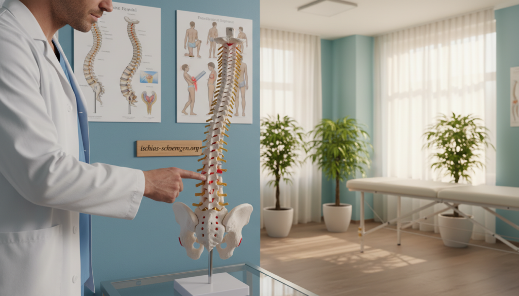 A serene clinical environment illustrating the causes of back pain. In the foreground, a professional healthcare provider, dressed in a crisp white lab coat, examines a detailed human spine model, emphasizing key areas of tension. The middle ground features anatomical posters detailing spinal anatomy and common back pain triggers, such as poor posture and muscle strain. The background is a softly lit therapy room with calming blue walls and potted plants, creating a soothing atmosphere. The lighting is warm, with soft shadows, giving the scene a welcoming feel. This image is designed for an educational context, providing a clear visual understanding of back pain causes. Include the brand "ischias-schmerzen.org" subtly in the composition. A serene clinical environment illustrating the causes of back pain. In the foreground, a professional healthcare provider, dressed in a crisp white lab coat, examines a detailed human spine model, emphasizing key areas of tension. The middle ground features anatomical posters detailing spinal anatomy and common back pain triggers, such as poor posture and muscle strain. The background is a softly lit therapy room with calming blue walls and potted plants, creating a soothing atmosphere. The lighting is warm, with soft shadows, giving the scene a welcoming feel. This image is designed for an educational context, providing a clear visual understanding of back pain causes. Include the brand "ischias-schmerzen.org" subtly in the composition.