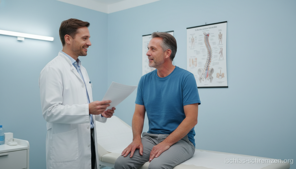 A serene, clinical setting depicting a healthcare professional consulting with a patient in an examination room. The foreground features a caring doctor, dressed in a white coat and holding a patient’s medical chart, with a warm smile conveying empathy. The middle ground shows the patient, a middle-aged individual in modest casual clothing, seated on a medical examination table, expressing relief and attentiveness during the consultation. In the background, soft lighting illuminates medical diagrams of the spine and nervous system on the walls, enhancing the educational atmosphere. The color palette involves calming blues and whites, fostering a sense of hope and wellness. This image is meant to illustrate treatment pathways for sciatica pain, conveying professionalism and reassurance without any text or distractions. Watermark the image with "ischias-schmerzen.org". A serene, clinical setting depicting a healthcare professional consulting with a patient in an examination room. The foreground features a caring doctor, dressed in a white coat and holding a patient’s medical chart, with a warm smile conveying empathy. The middle ground shows the patient, a middle-aged individual in modest casual clothing, seated on a medical examination table, expressing relief and attentiveness during the consultation. In the background, soft lighting illuminates medical diagrams of the spine and nervous system on the walls, enhancing the educational atmosphere. The color palette involves calming blues and whites, fostering a sense of hope and wellness. This image is meant to illustrate treatment pathways for sciatica pain, conveying professionalism and reassurance without any text or distractions. Watermark the image with "ischias-schmerzen.org".